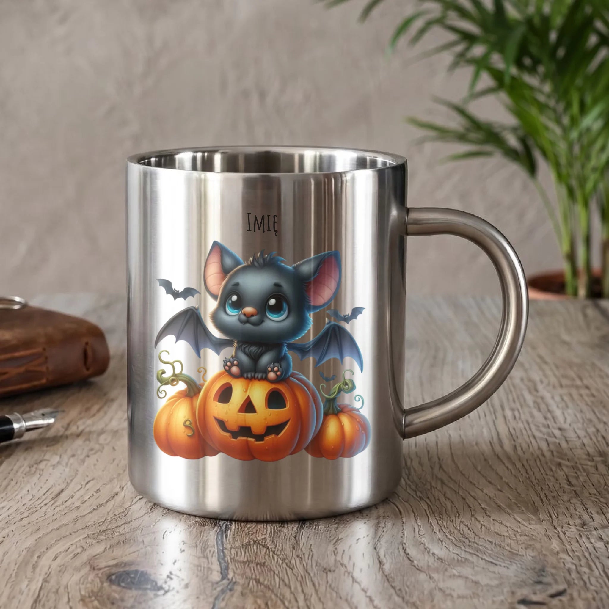 Kubek metalowy halloweenowy - Słodki nietoperz z dynią - personalizowany HL09 - StoryCups.pl