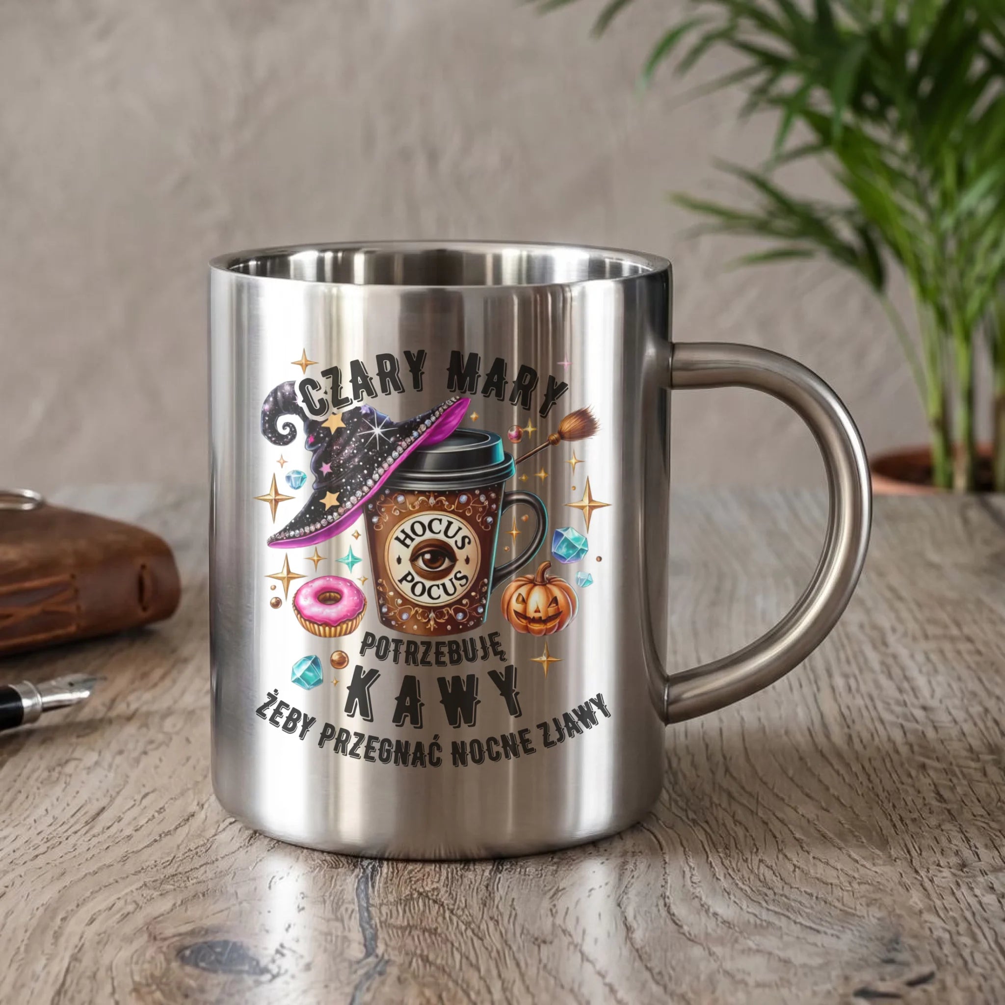 Kubek metalowy na Halloween - Potrzebuję kawy HL03 - StoryCups.pl