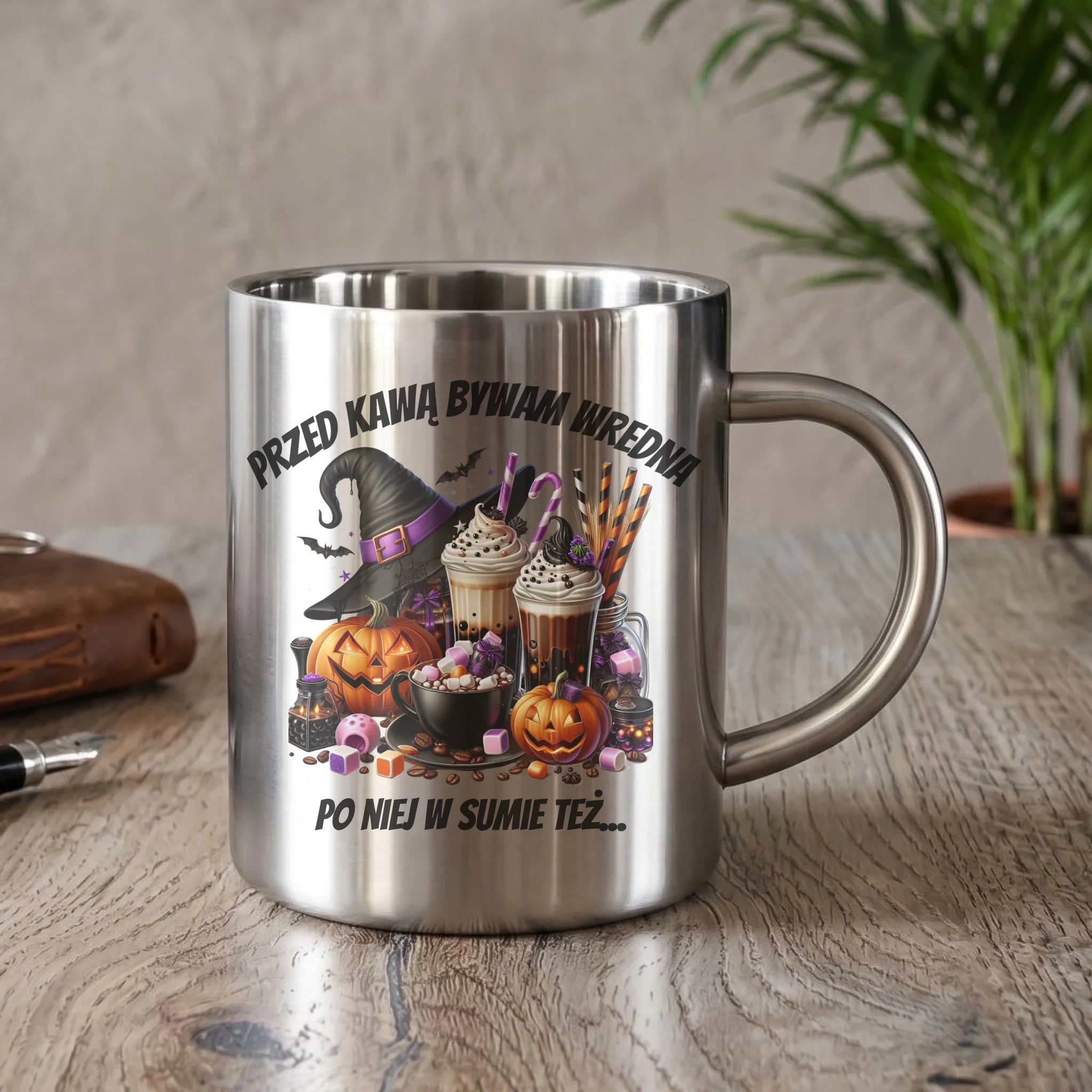 Kubek metalowy Halloween – Przed kawą bywam wredna, po niej w sumie też HL30 - StoryCups.pl