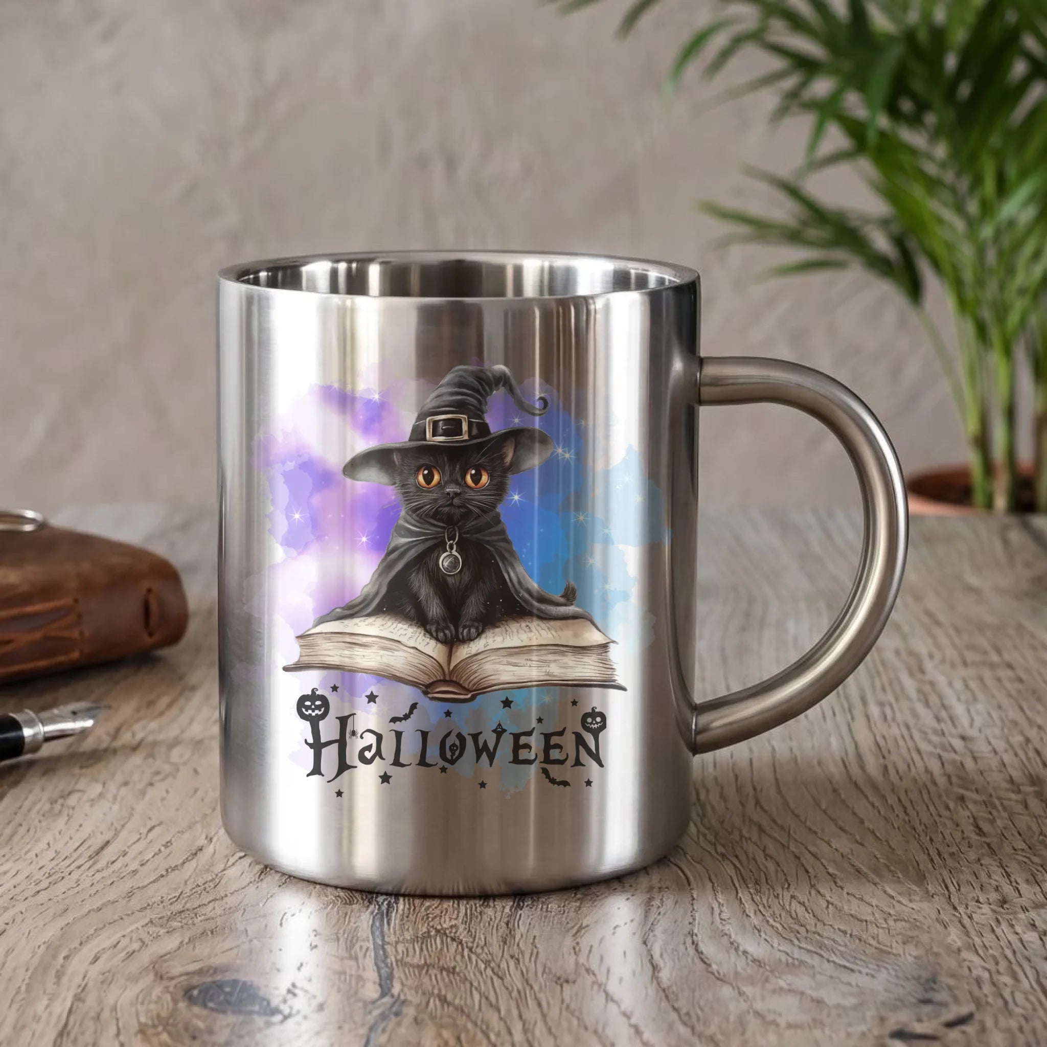 Kubek metalowy na Halloween - Kot Czarodziej HL06 - StoryCups.pl