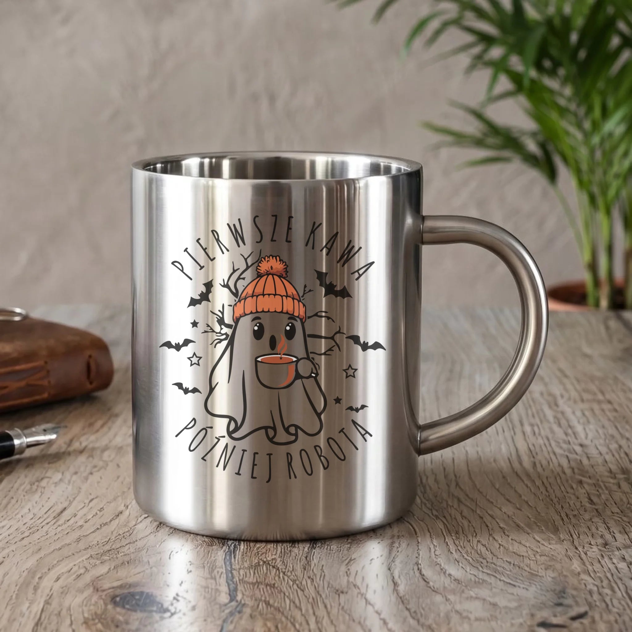 Kubek metalowy na Halloween - Duch z kawą - Pierwsze kawa później robota HL01 - StoryCups.pl