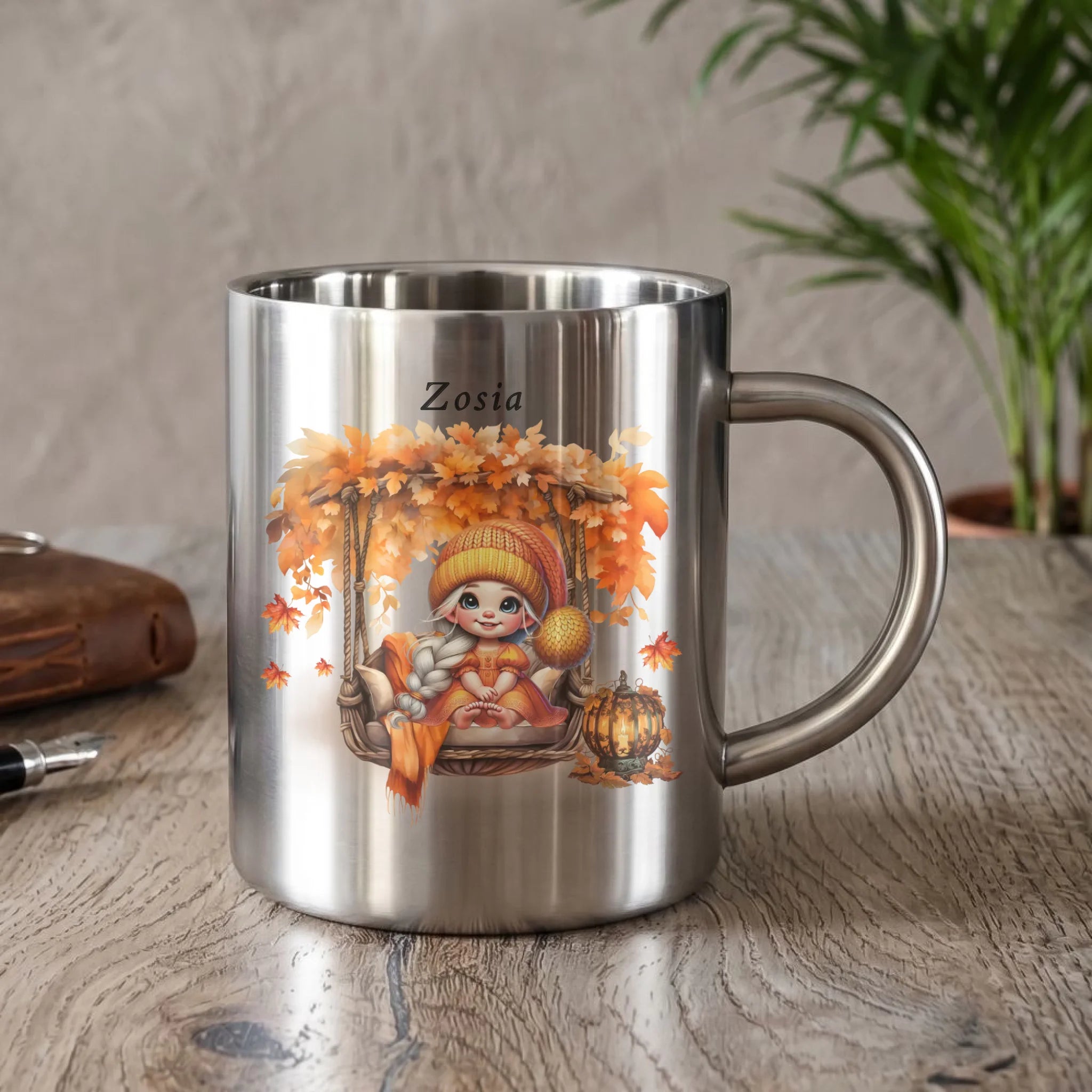 Kubek metalowy jesieniara - Dziewczynka z liśćmi - personalizowany JS17 - StoryCups.pl