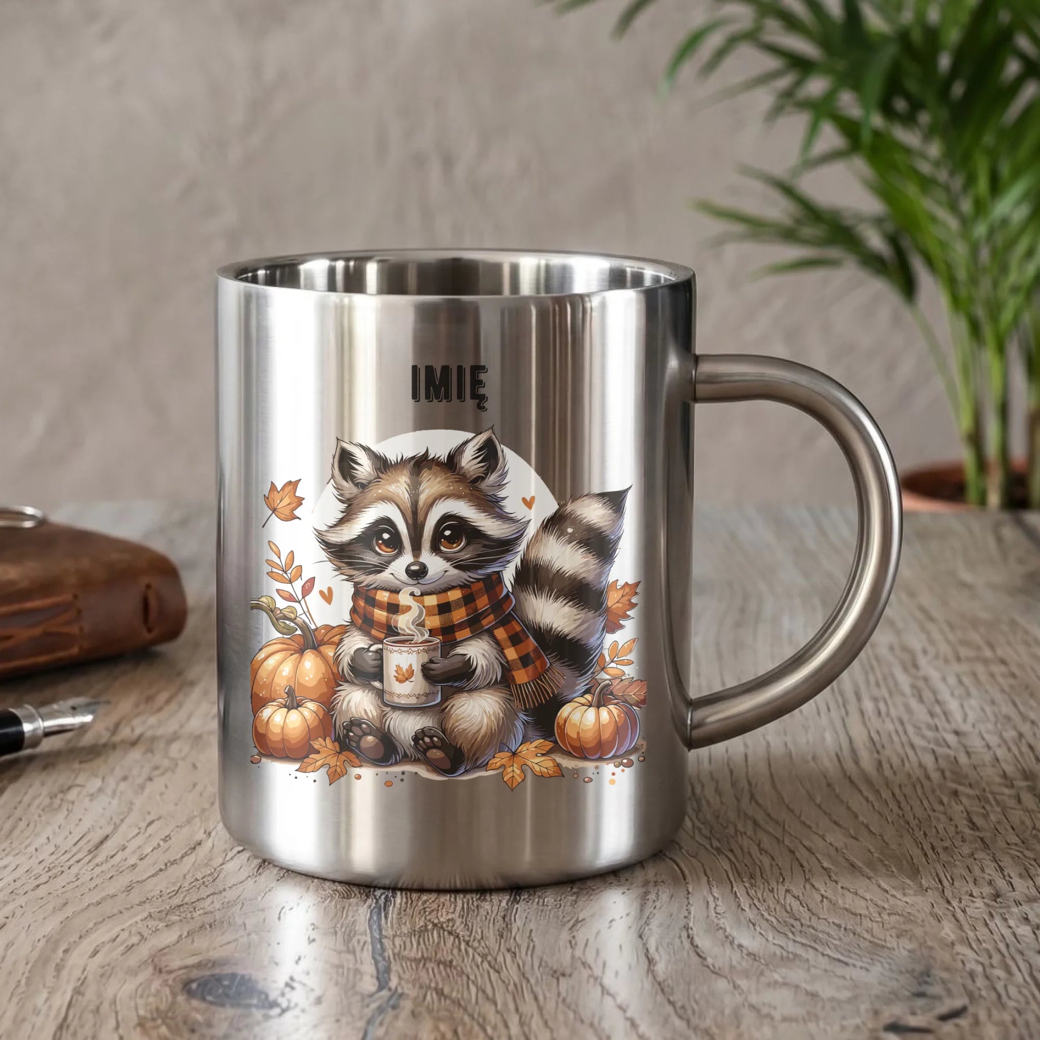Kubek metalowy jesienny – Szop z kawą i dyniami - personalizowany JS16 - StoryCups.pl