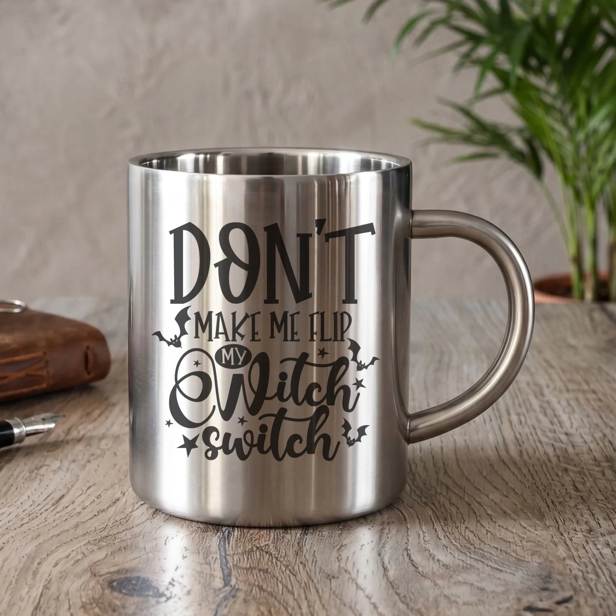 Kubek metalowy na Halloween - Don't make me flip my witch switch - śmieszny HL11 - StoryCups.pl