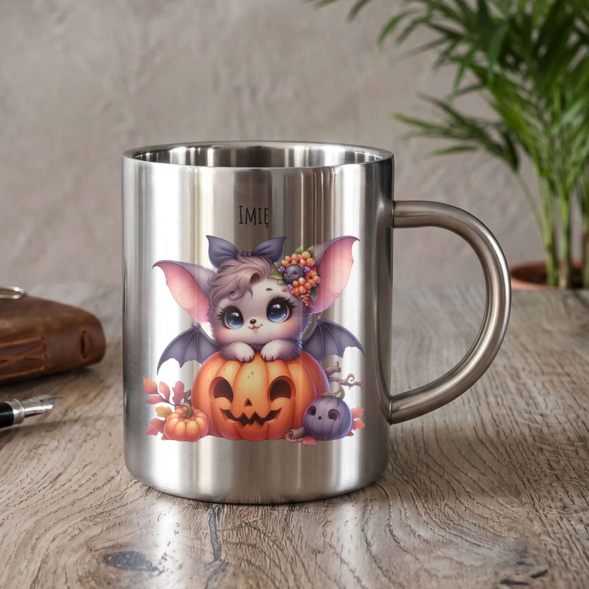 Kubek metalowy halloweenowy - Uroczy nietoperz z dynią - personalizowany HL08 - StoryCups.pl