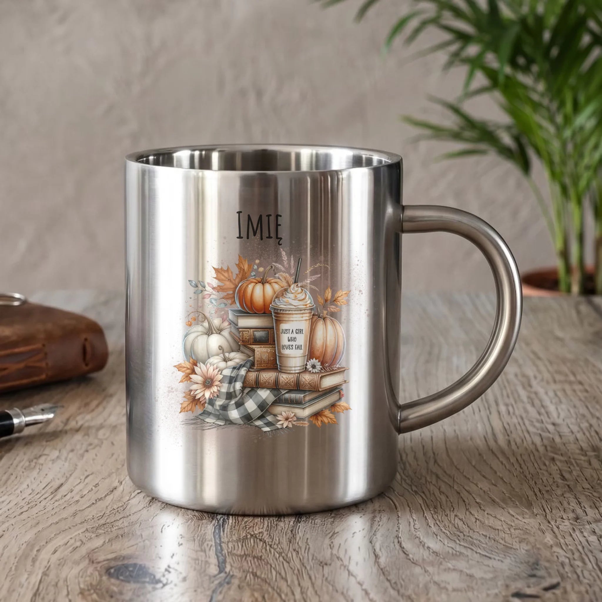 Kubek metalowy jesienny - Książkara - personalizowany JS14 - StoryCups.pl