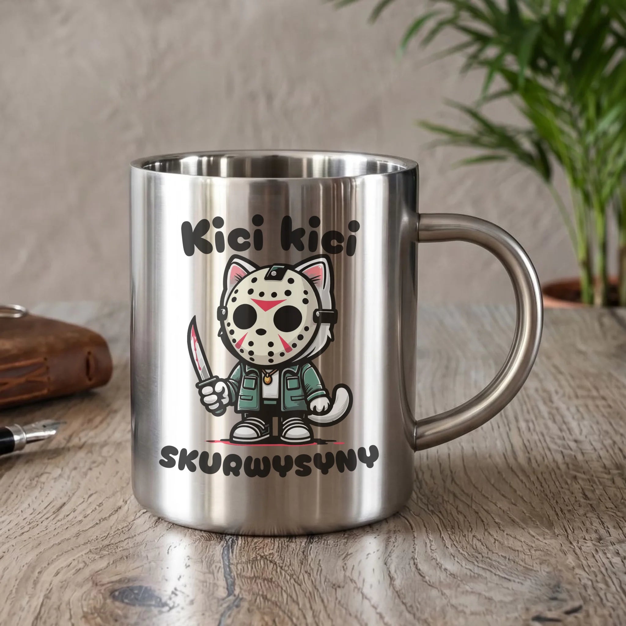 Kubek metalowy na Halloween - Kici kici sk*rwysyny - bez cenzury HL28 - StoryCups.pl