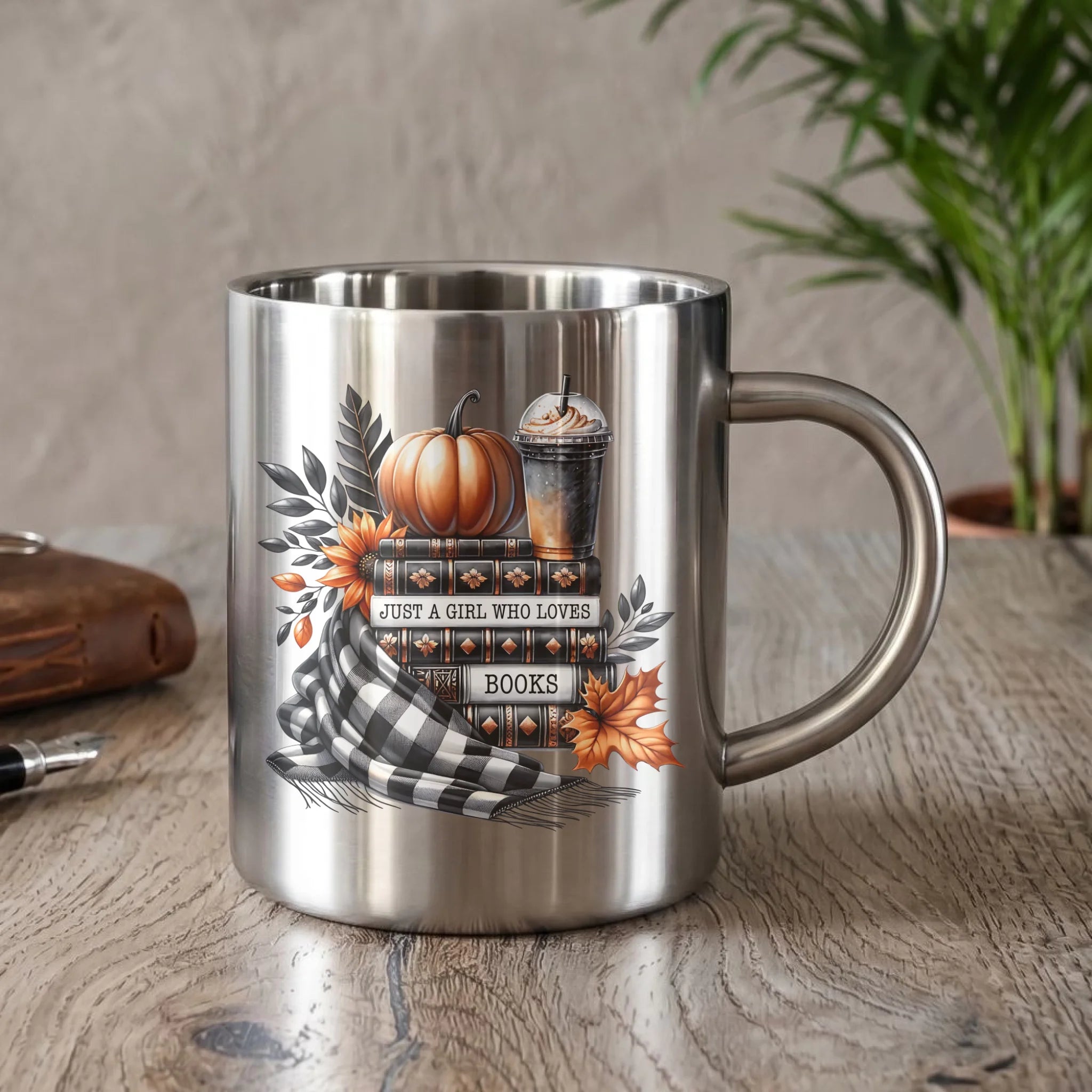 Kubek metalowy jesieniara - Książkara - prezent dla miłośniczki czytania książek JS13 - StoryCups.pl