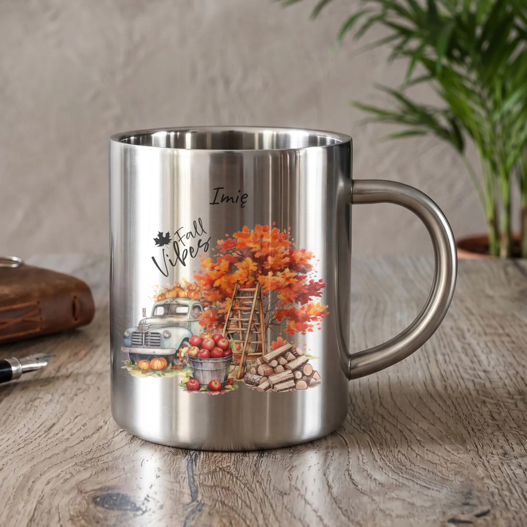 Kubek metalowy jesienny – Vintage auto dynie i jabłka – personalizowany JS07 - StoryCups.pl
