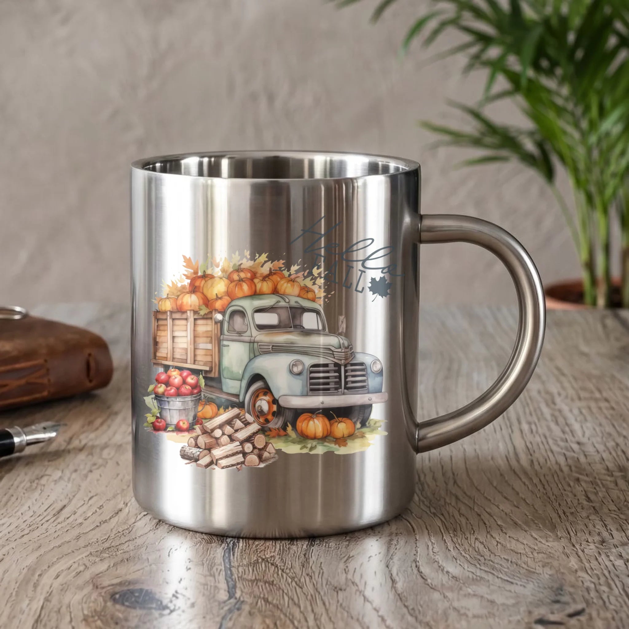 Kubek metalowy jesienny – Hello Fall ciężarówka z dyniami JS08 - StoryCups.pl