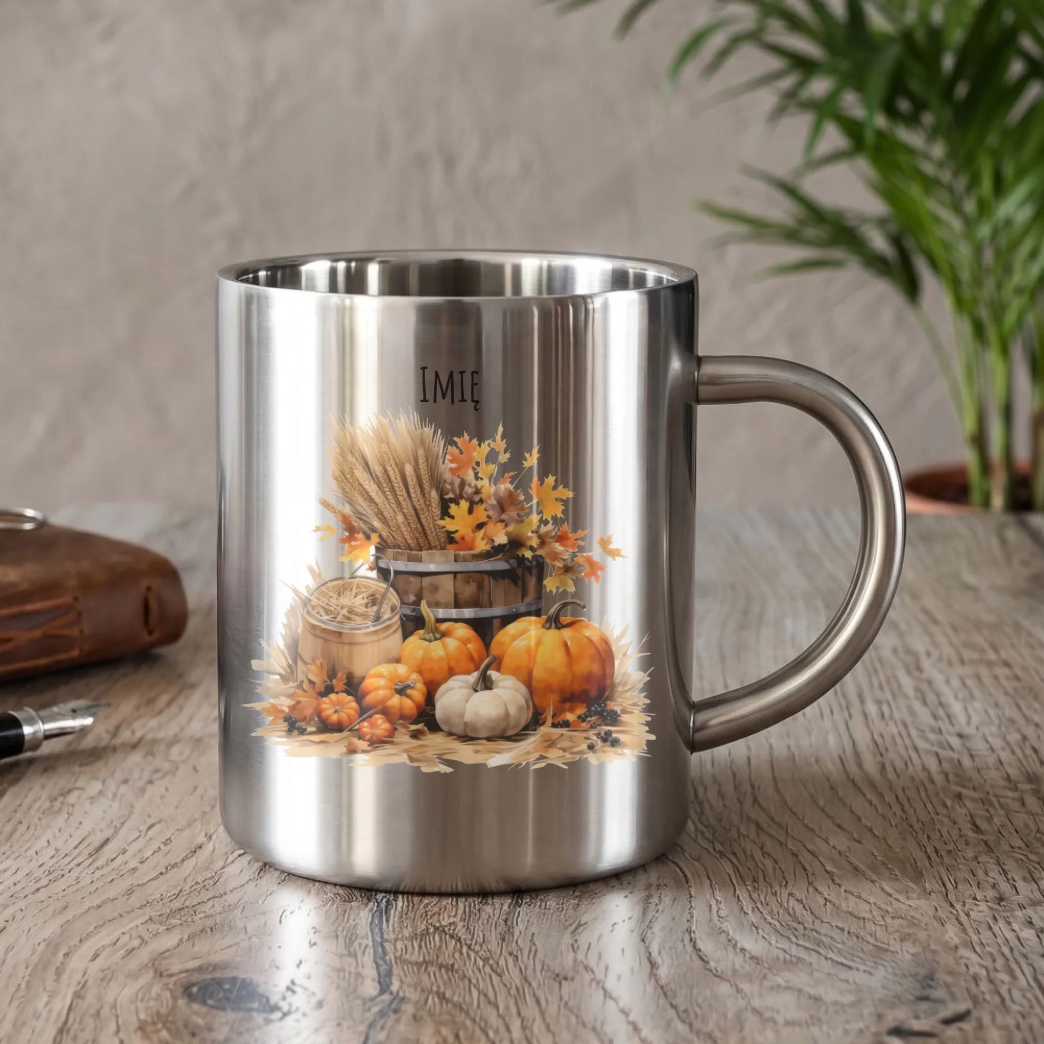 Kubek metalowy na jesień - Harvest vibes - personalizowany JS09 - StoryCups.pl