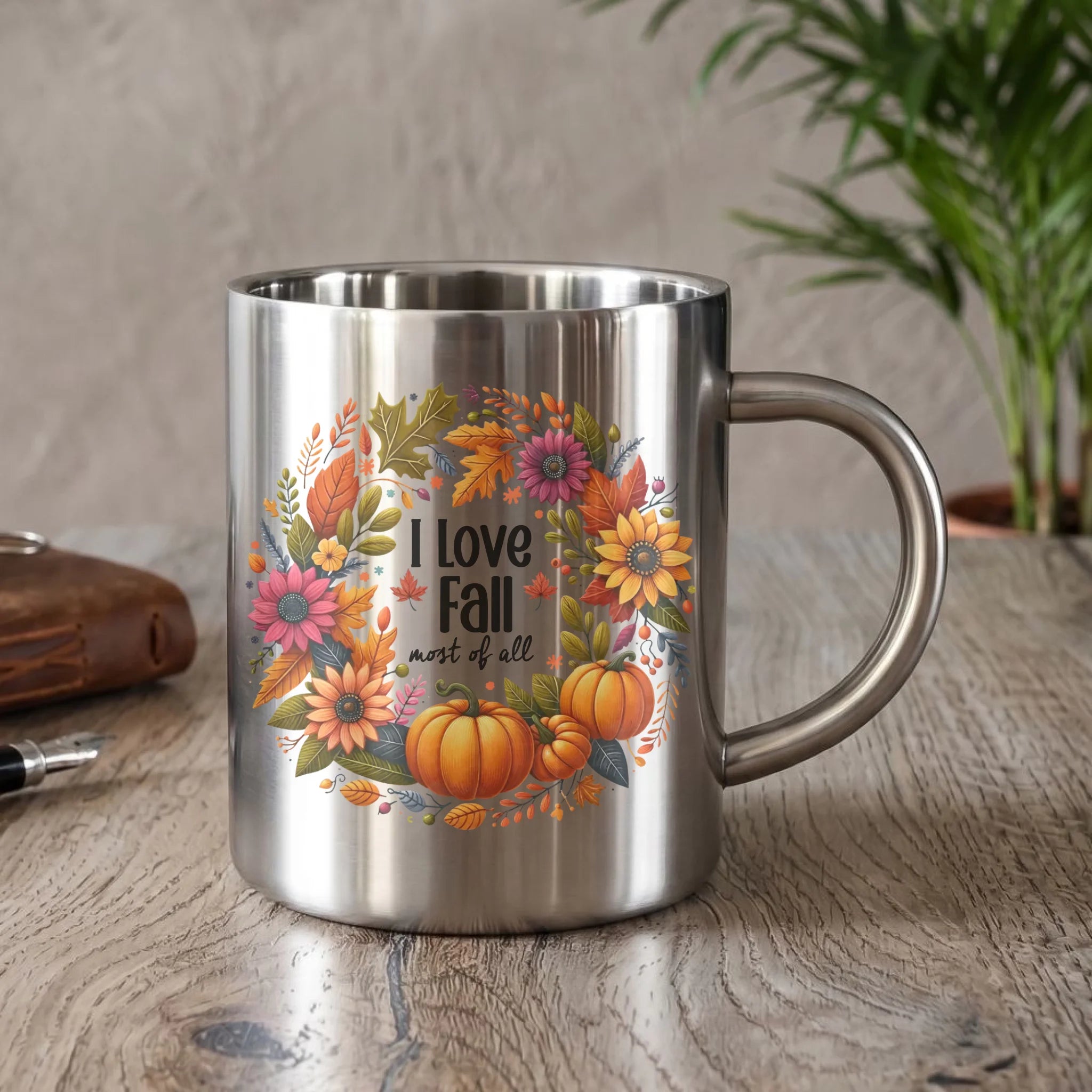 Kubek metalowy jesienny - Kocham jesień - dynia z liśćmi JS03 - StoryCups.pl