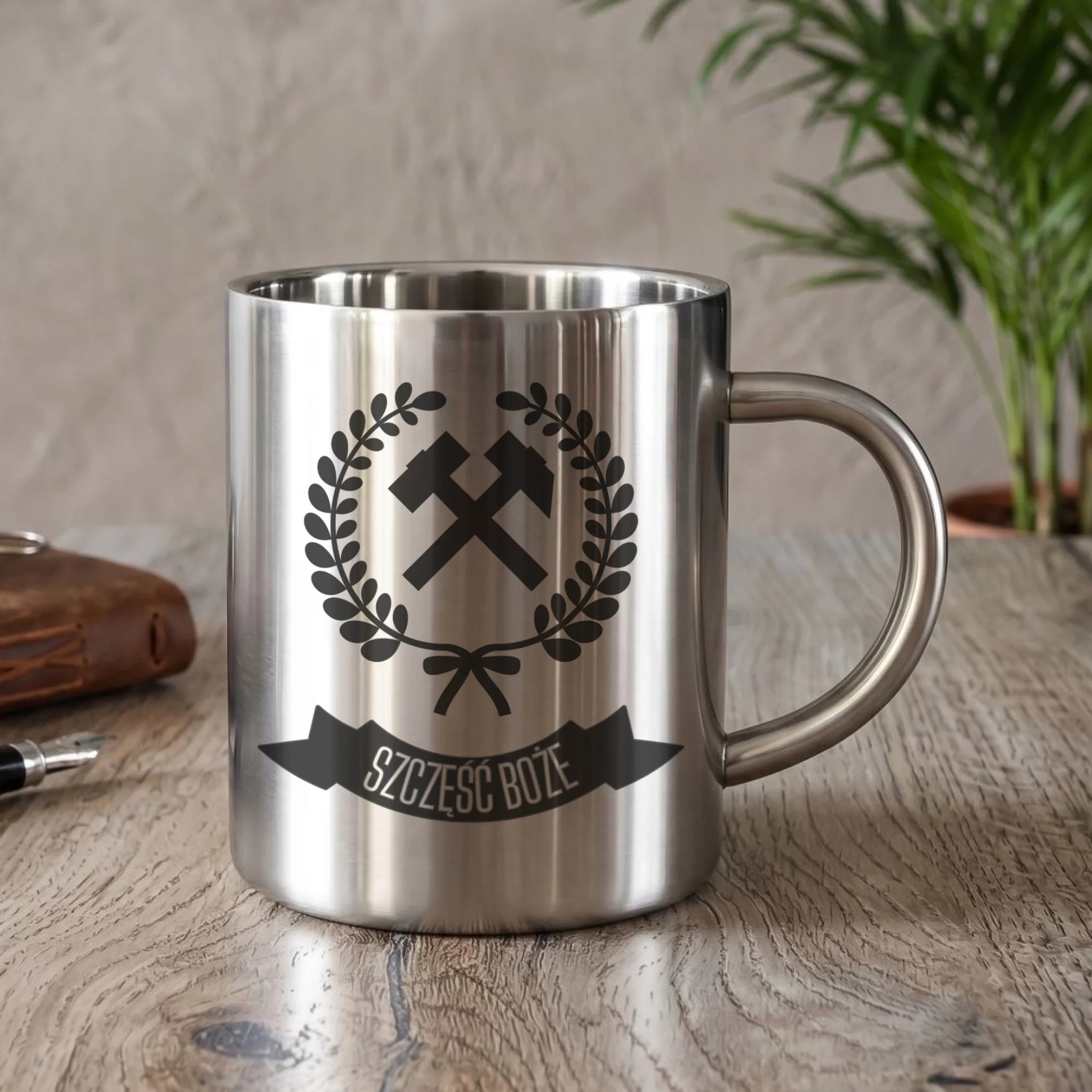Kubek metalowy - prezent dla górnika - Szczęść Boże G02 - StoryCups.pl