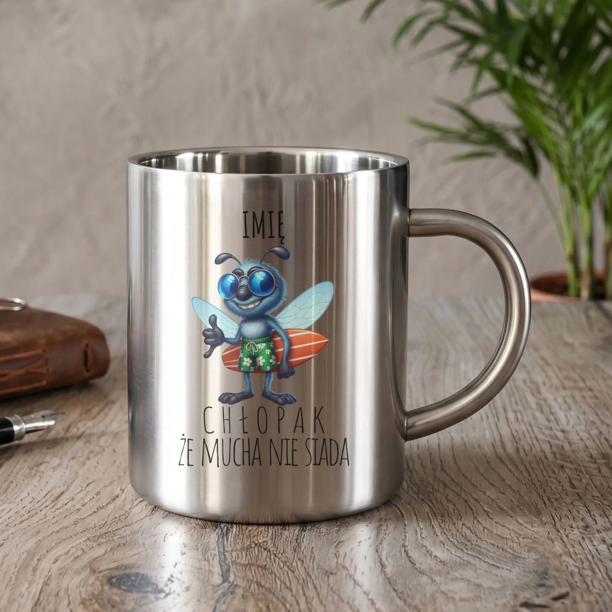 Kubek metalowy - prezent dla chłopaka - Mucha nie siada essa - personalizowany DCH29 - StoryCups.pl