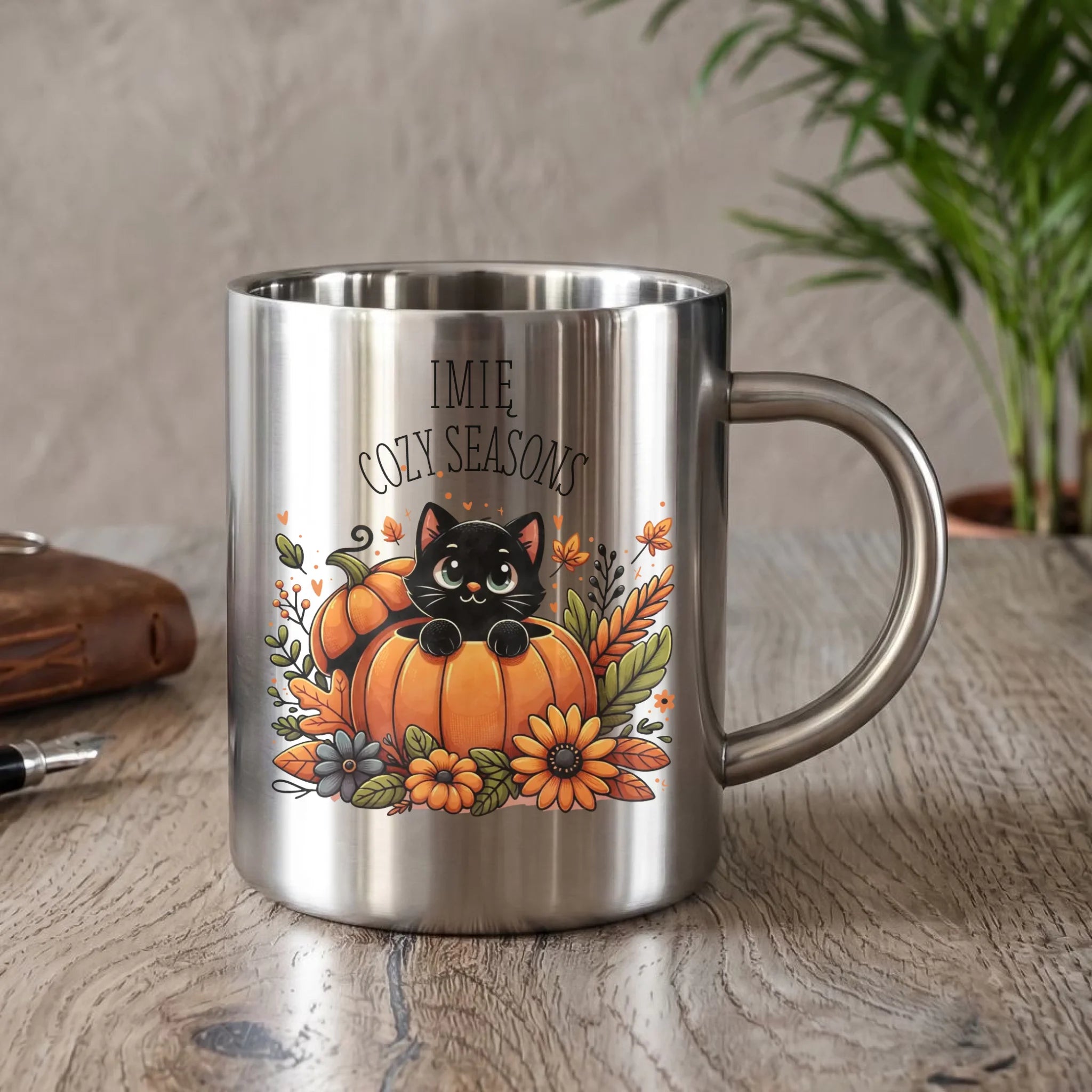 Kubek metalowy jesieniara - Cozy Seasons - personalizowany JS01 - StoryCups.pl