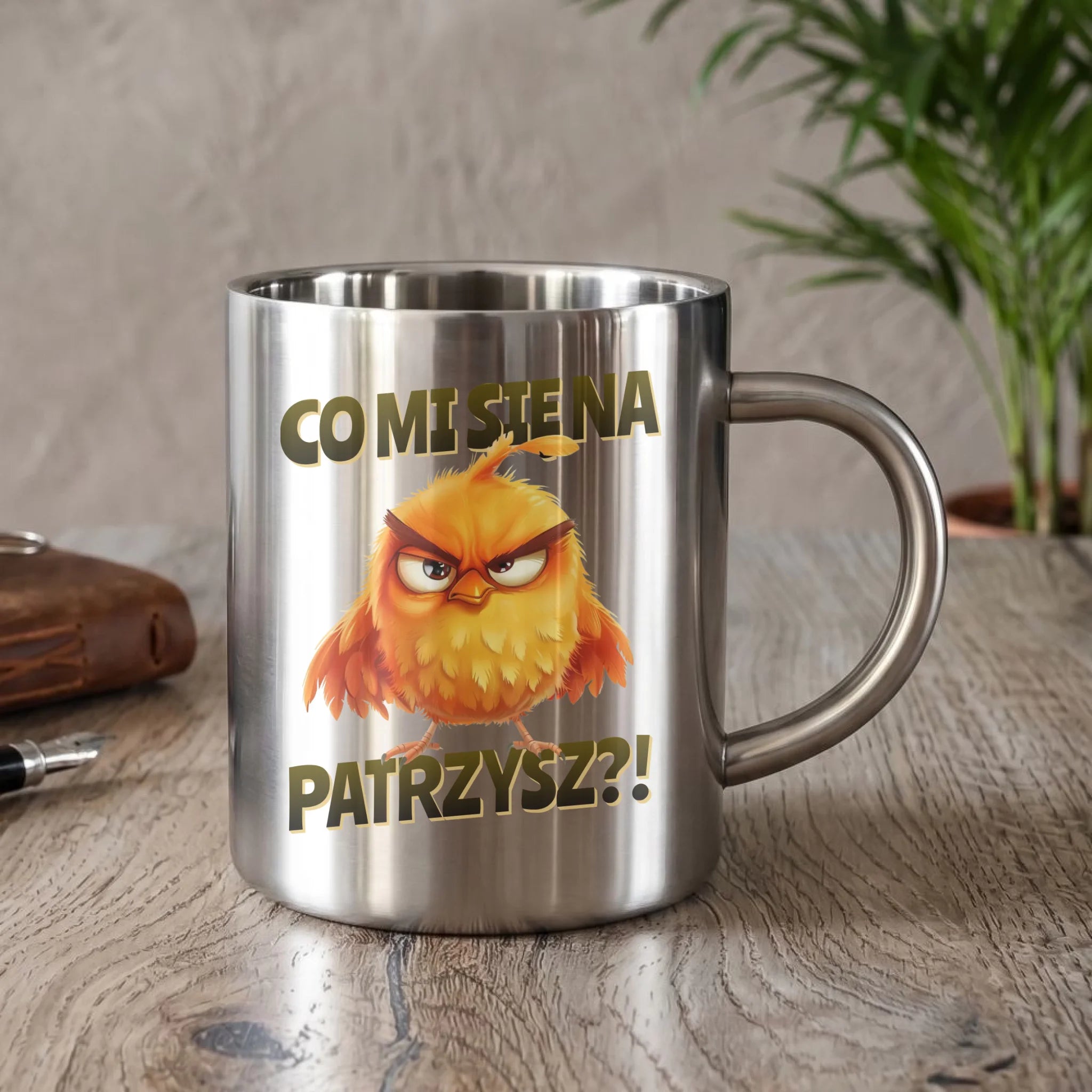 Kubek metalowy - Prezent dla chłopaka kolegi - Co mi się na ptaka patrzysz DCH24 - StoryCups.pl