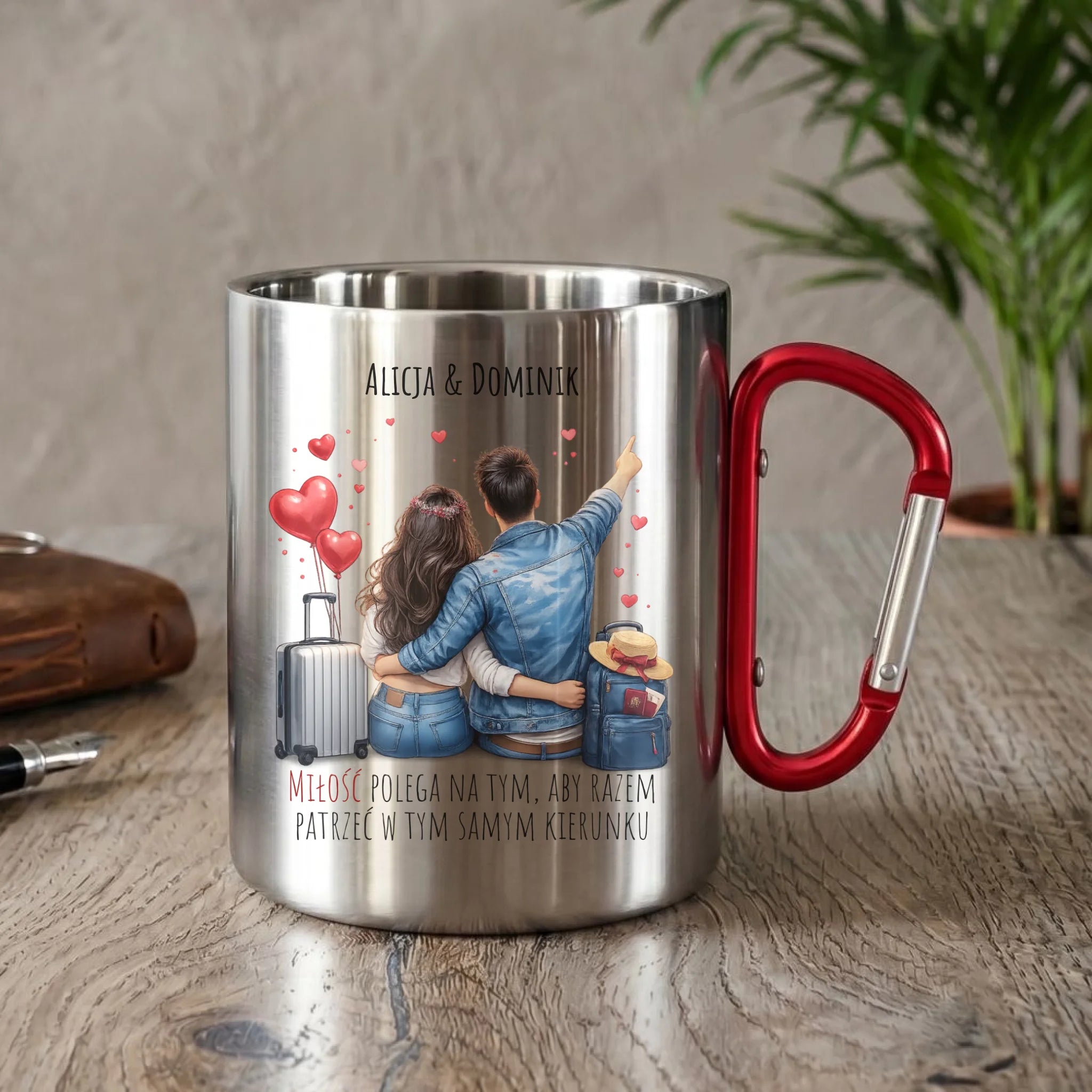 Kubek metalowy dla par - Para w podróży miłość - personalizowany W12 - StoryCups.pl