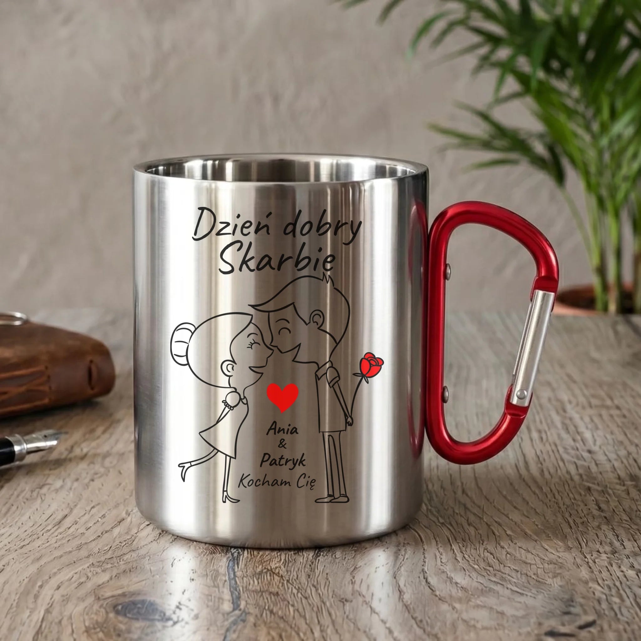 Kubek metalowy dla par - Dzień dobry Skarbie - personalizowany W15 - StoryCups.pl