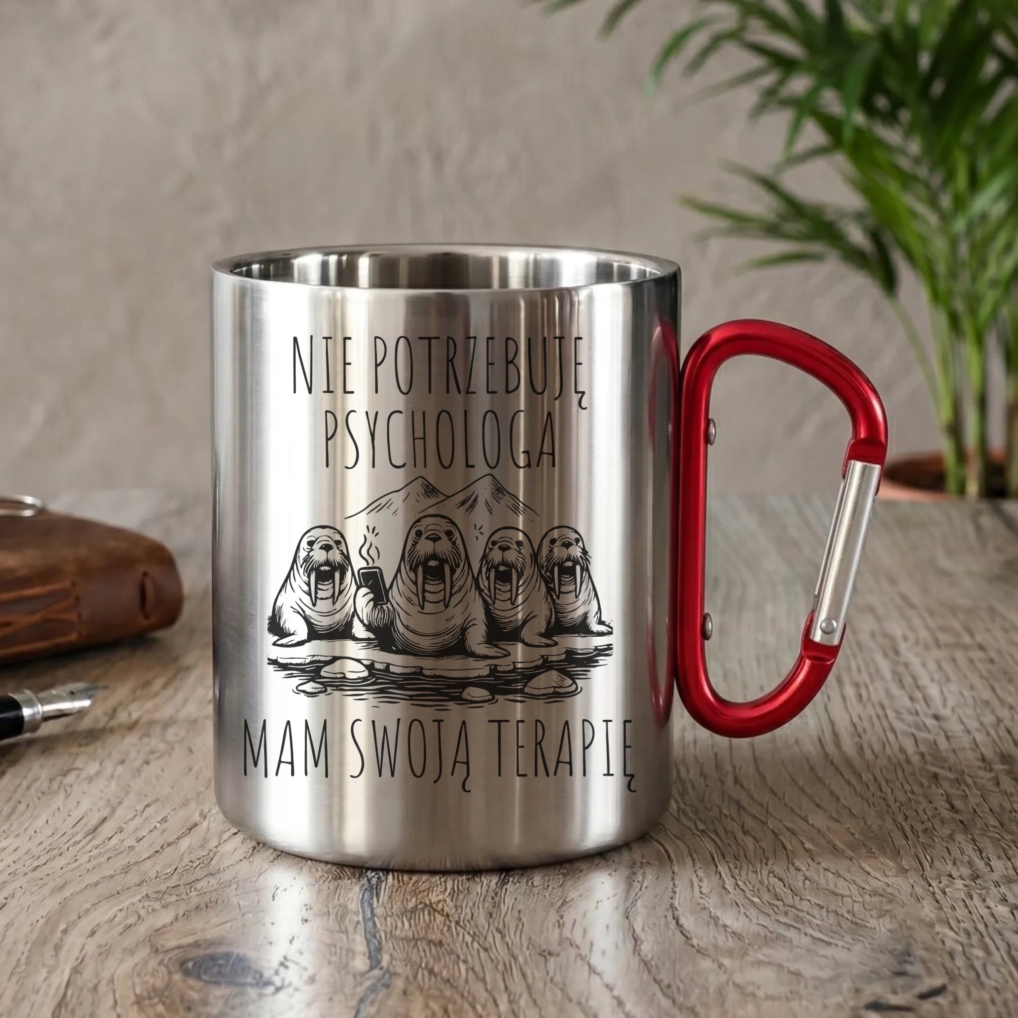 Kubek metalowy - prezent dla morsa - Nie potrzebuję psychologa HM14 - StoryCups.pl