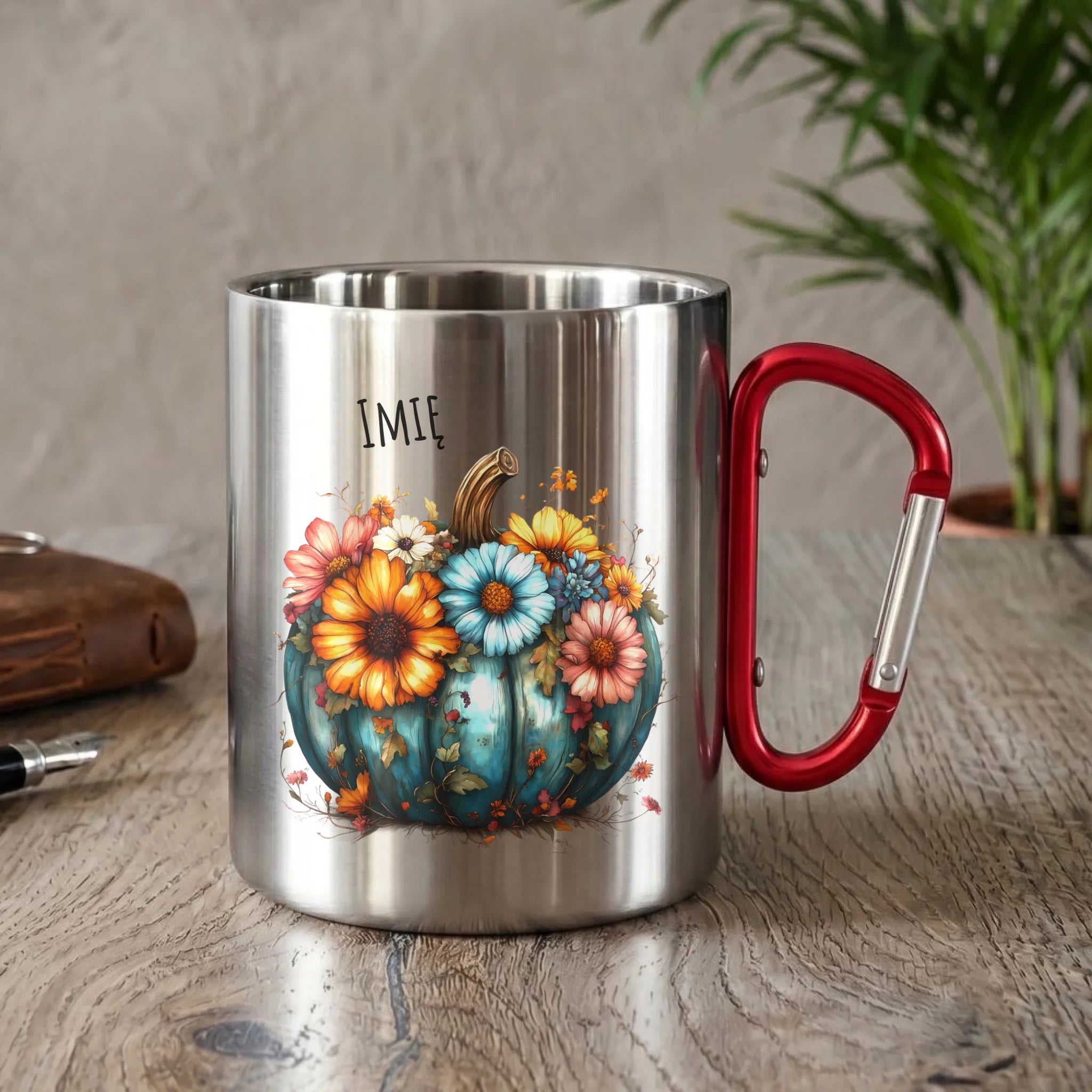 Kubek metalowy jesienny - Kwiatowa dynia - personalizowany JS27 - StoryCups.pl