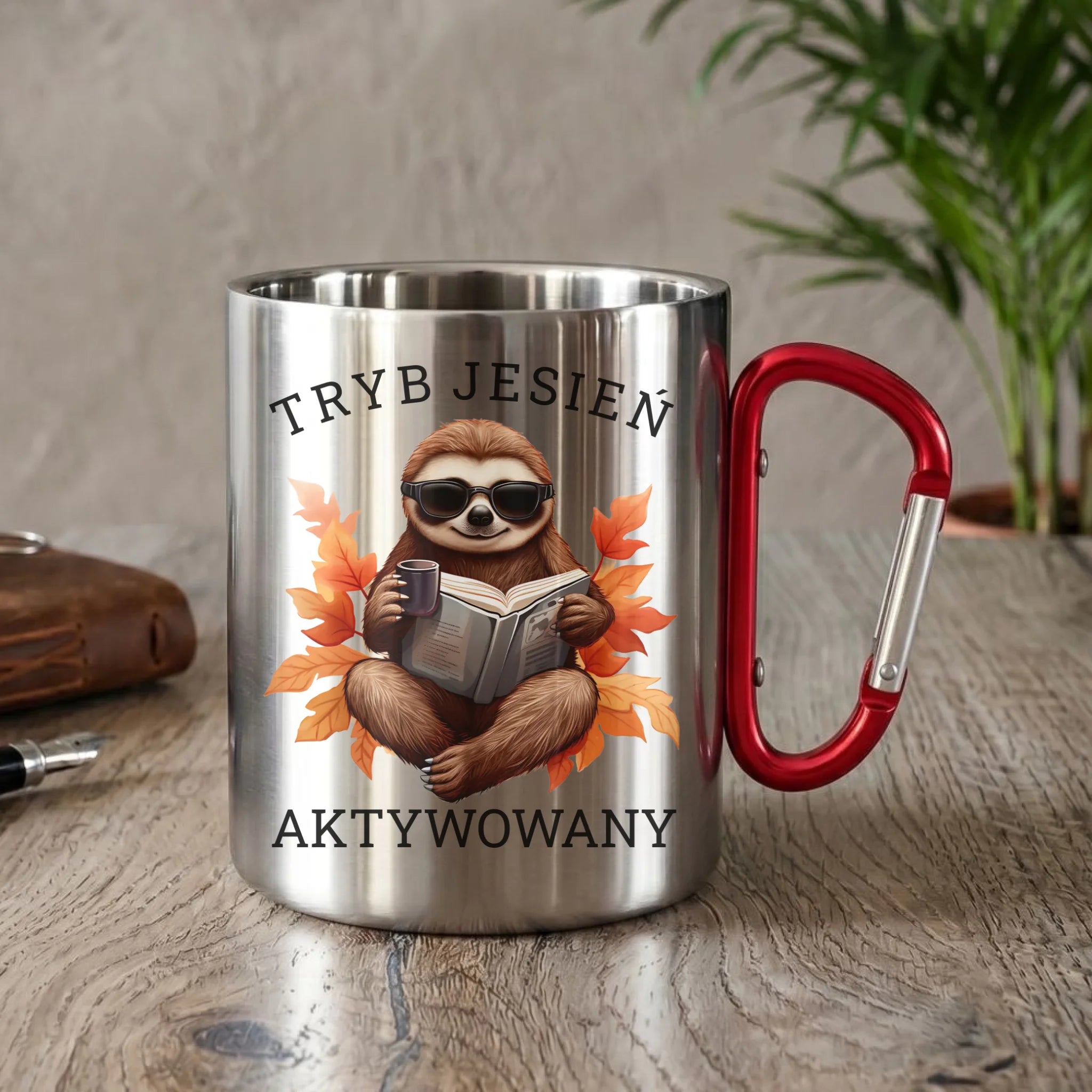 Kubek metalowy jesienny - Leniwiec - Tryb jesień aktywowany JS23 - StoryCups.pl