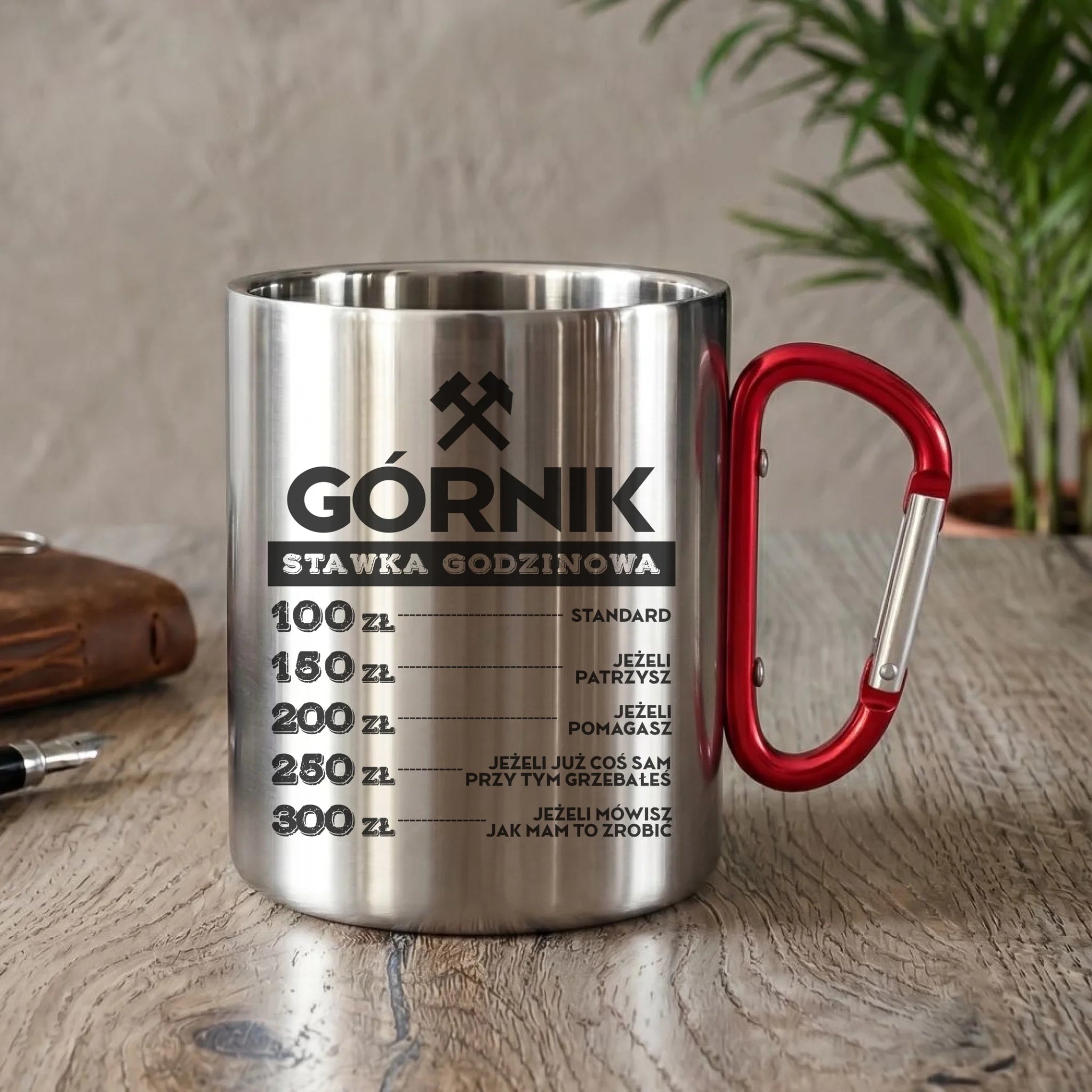 Kubek metalowy - prezent dla górnika - Górnik stawka godzinowa G14 - StoryCups.pl