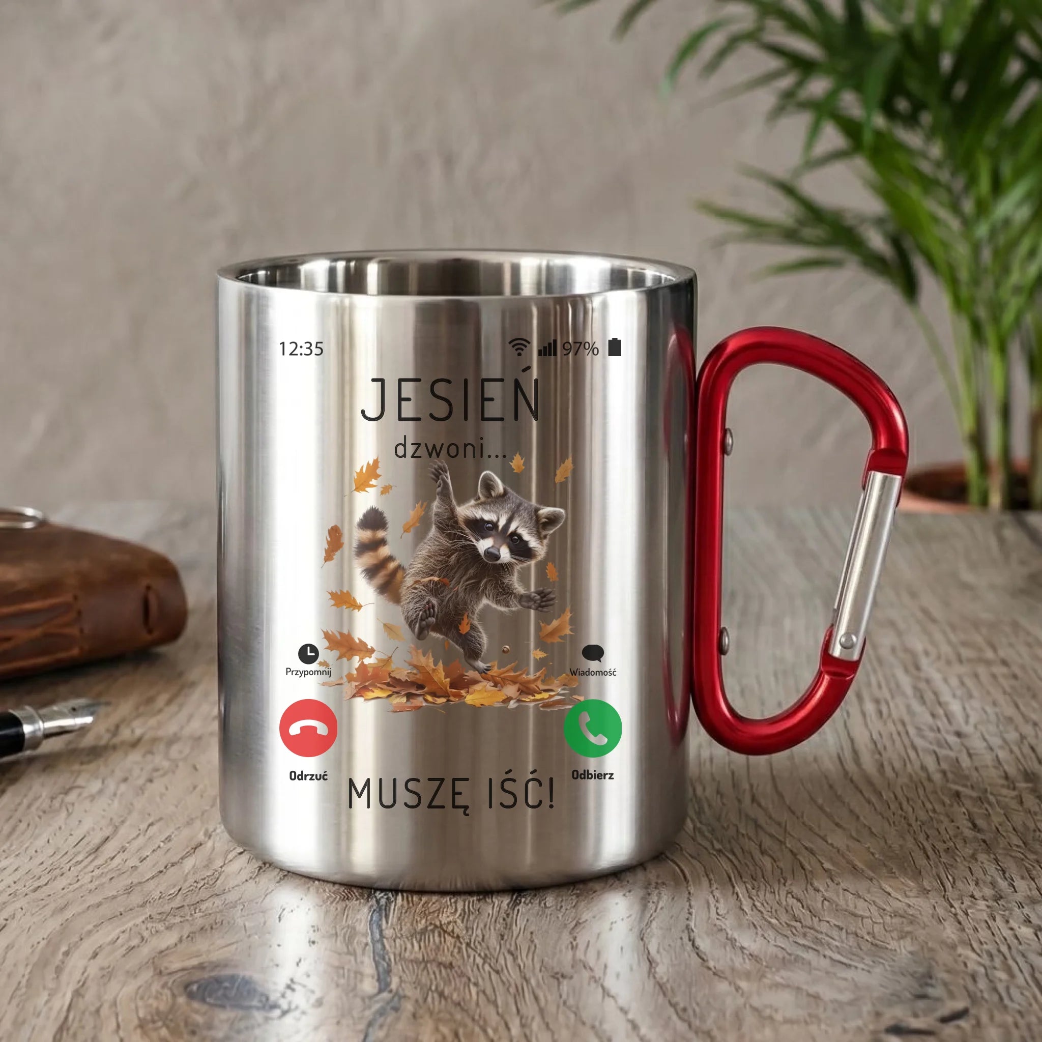 Kubek metalowy jesienny - Jesień dzwoni muszę iść JS18 - StoryCups.pl