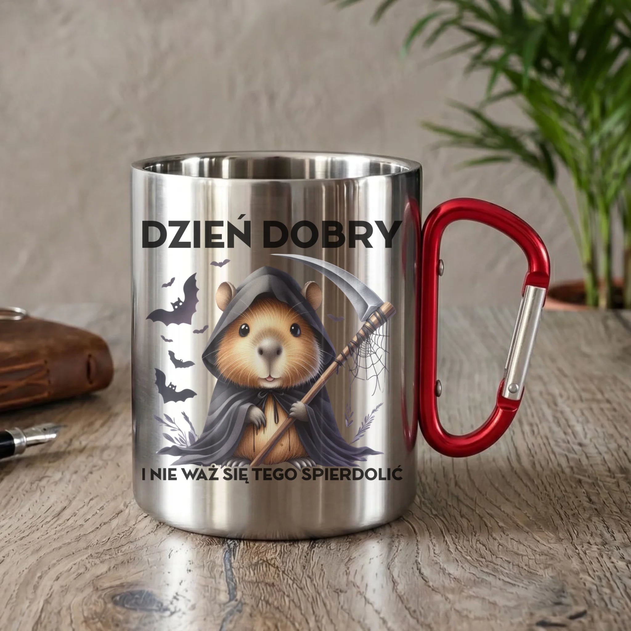 Kubek metalowy na halloween - Kapibara Żniwiarz - Dzień dobry - bez cenzury HL20 - StoryCups.pl