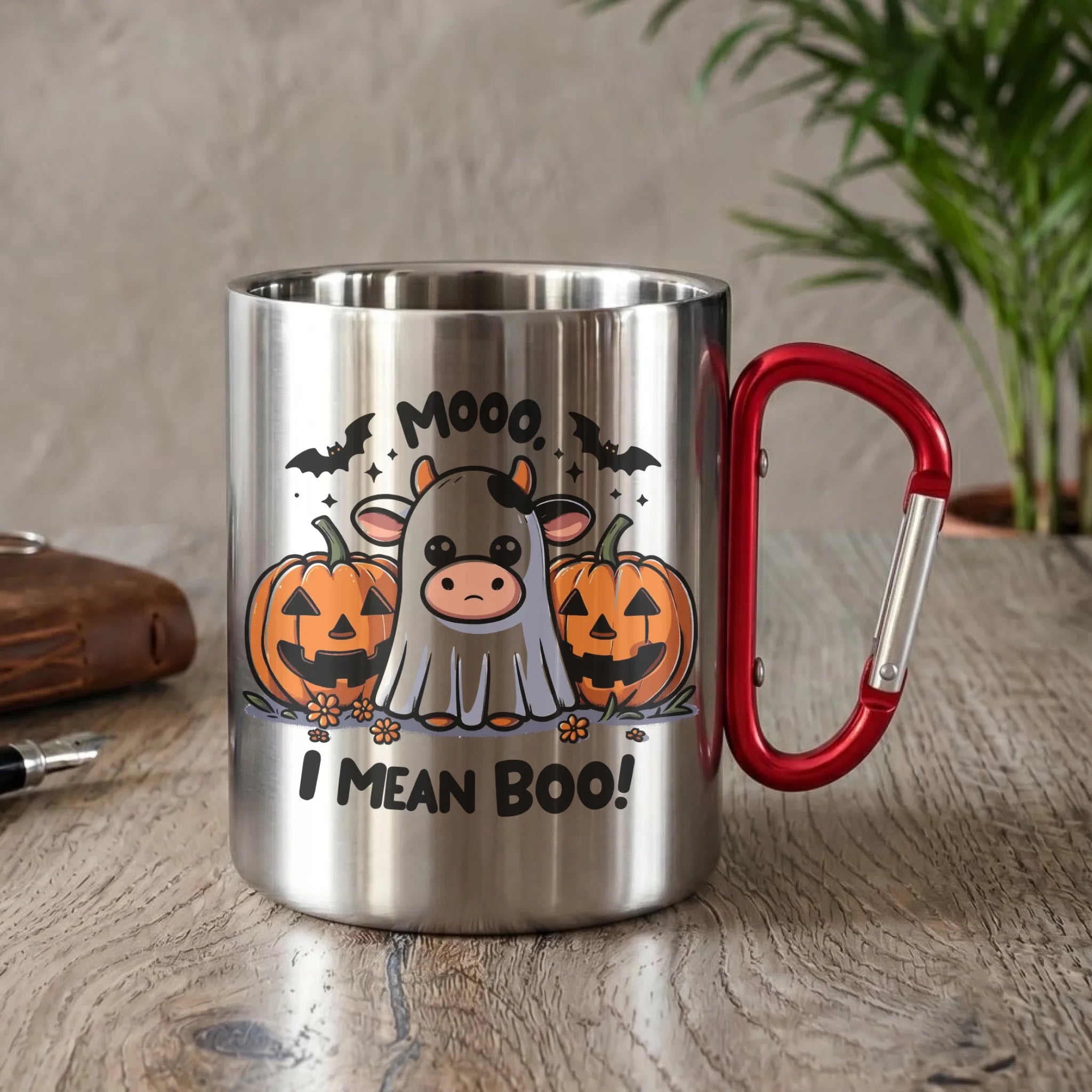 Kubek metalowy na Halloween - Mooo I mean Boo! - z dynią i duchem HL14 - StoryCups.pl
