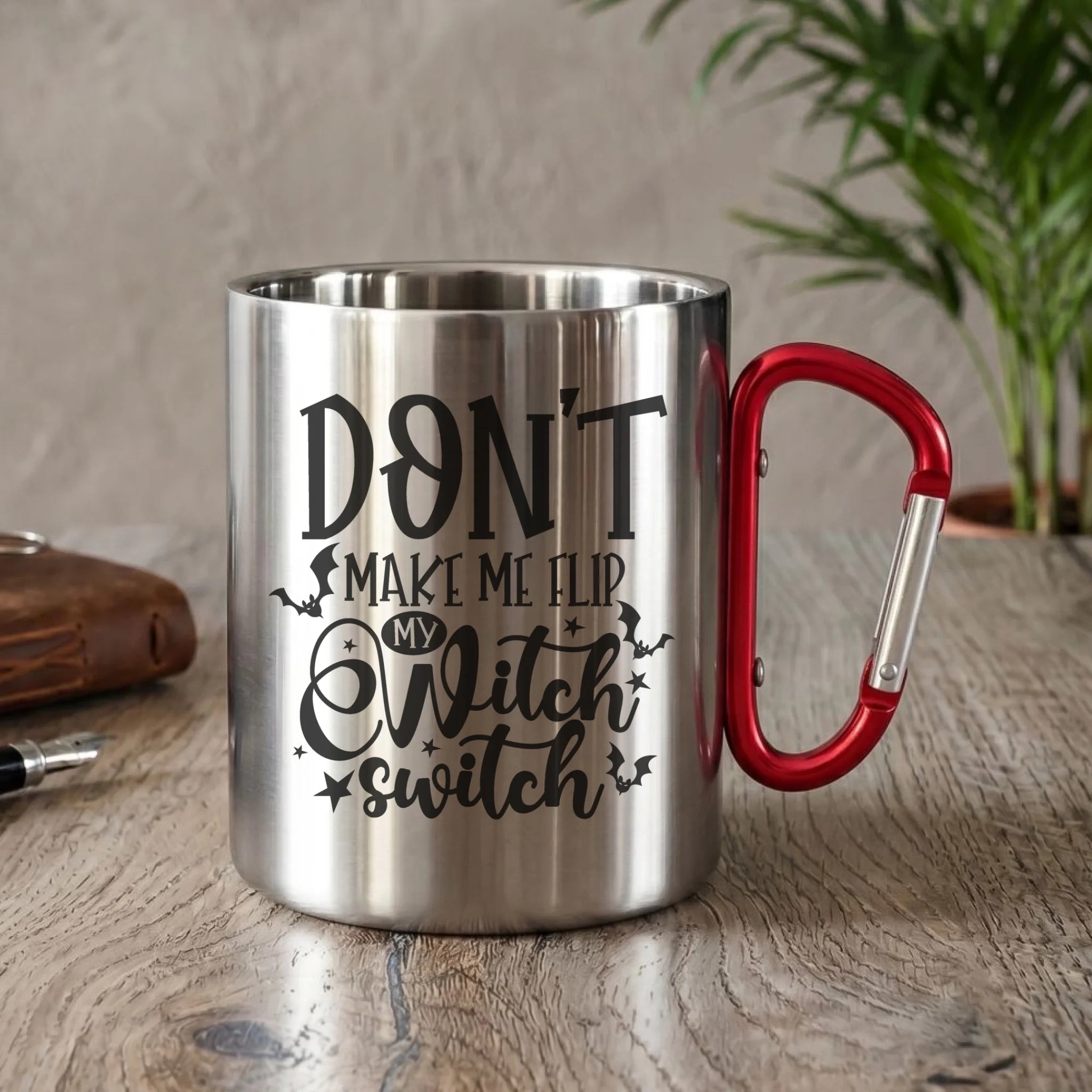 Kubek metalowy na Halloween - Don't make me flip my witch switch - śmieszny HL11 - StoryCups.pl