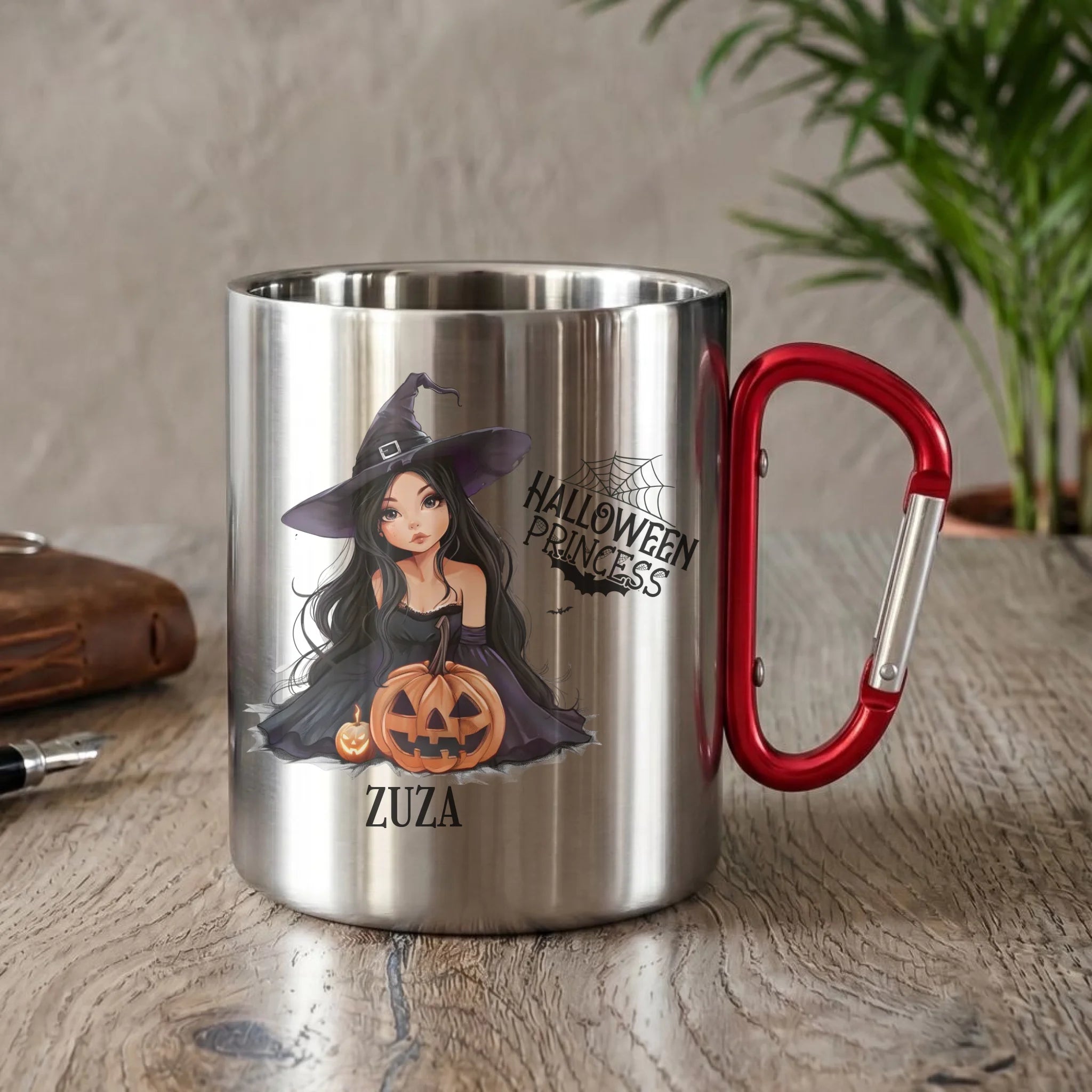 Kubek metalowy halloweenowy - Czarownica z dynią - personalizowany HL10 - StoryCups.pl