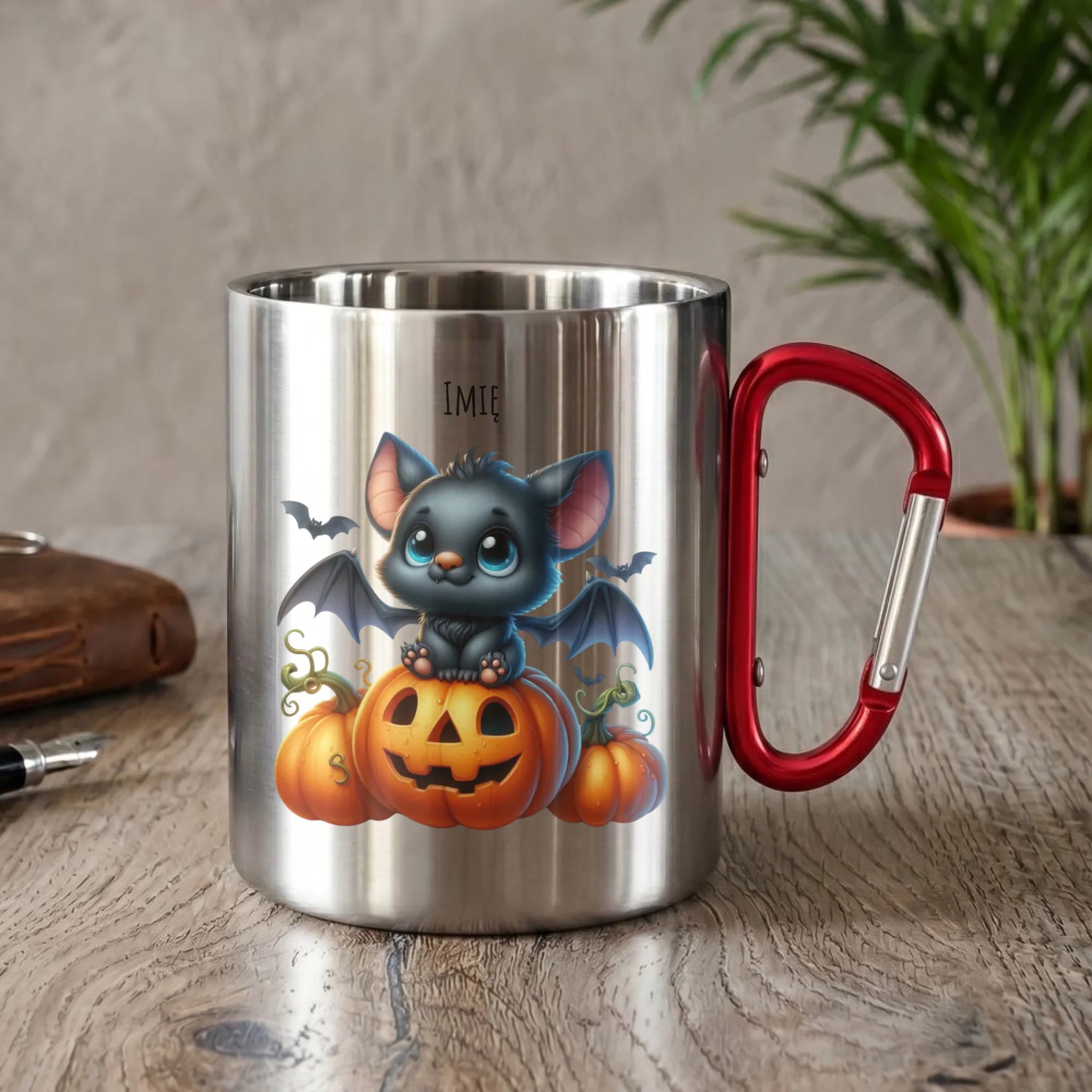 Kubek metalowy halloweenowy - Słodki nietoperz z dynią - personalizowany HL09 - StoryCups.pl
