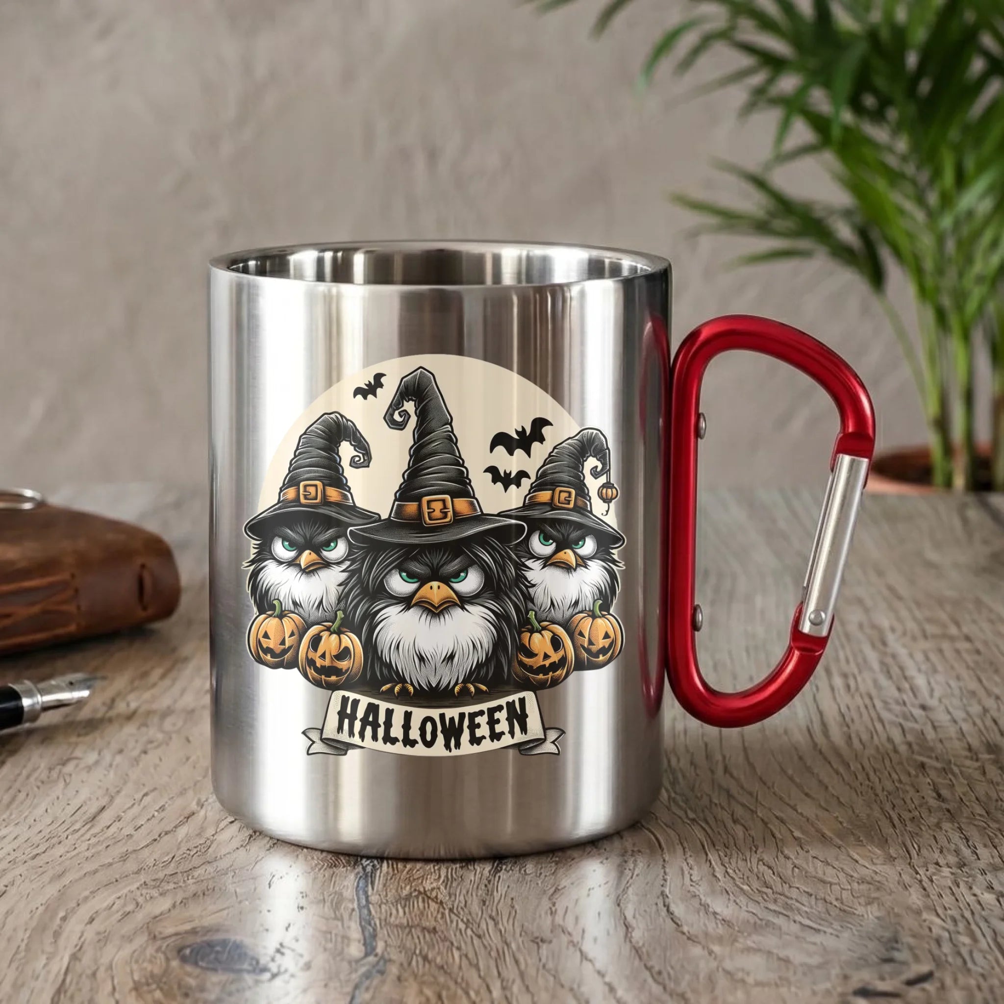 Kubek metalowy na Halloween - Upiorne sowy wiedźmy HL15 - StoryCups.pl