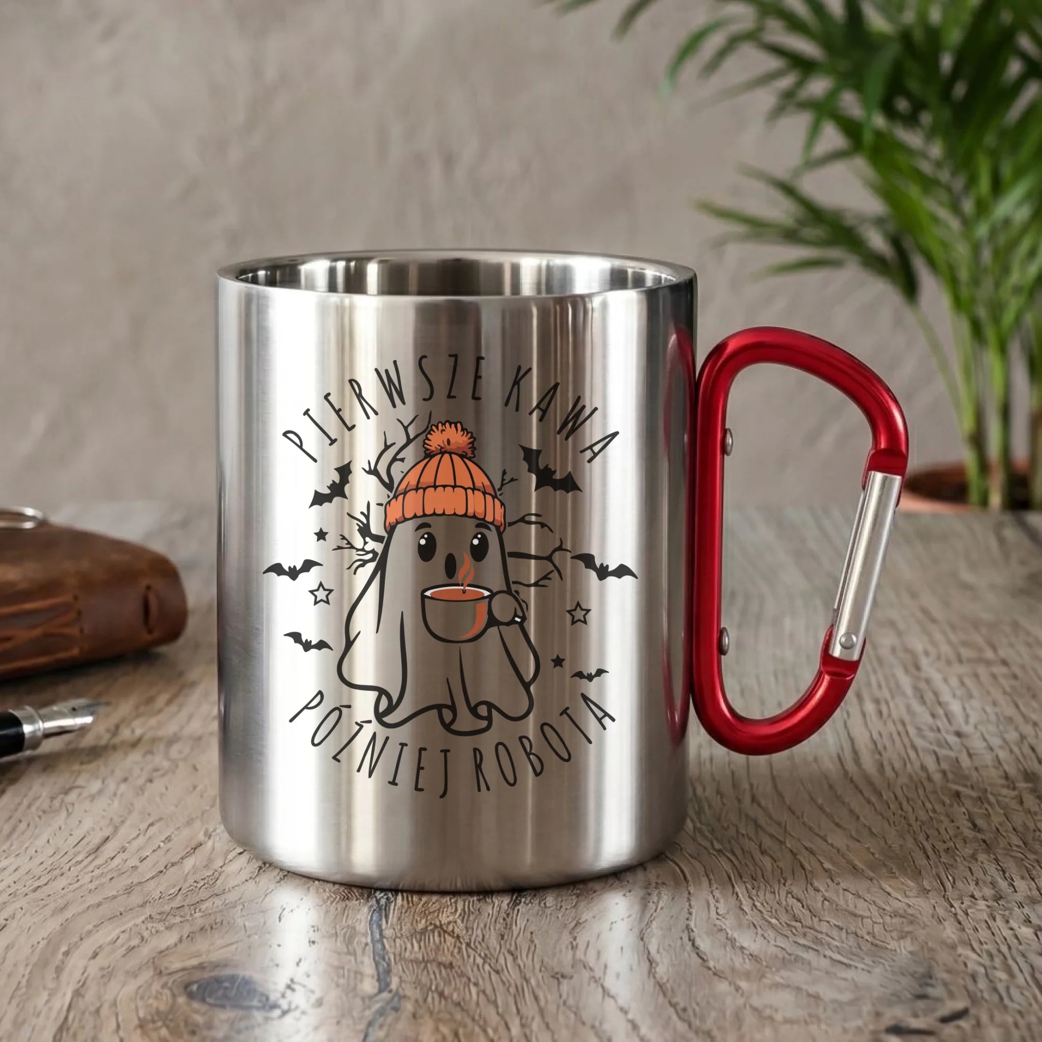 Kubek metalowy na Halloween - Duch z kawą - Pierwsze kawa później robota HL01 - StoryCups.pl