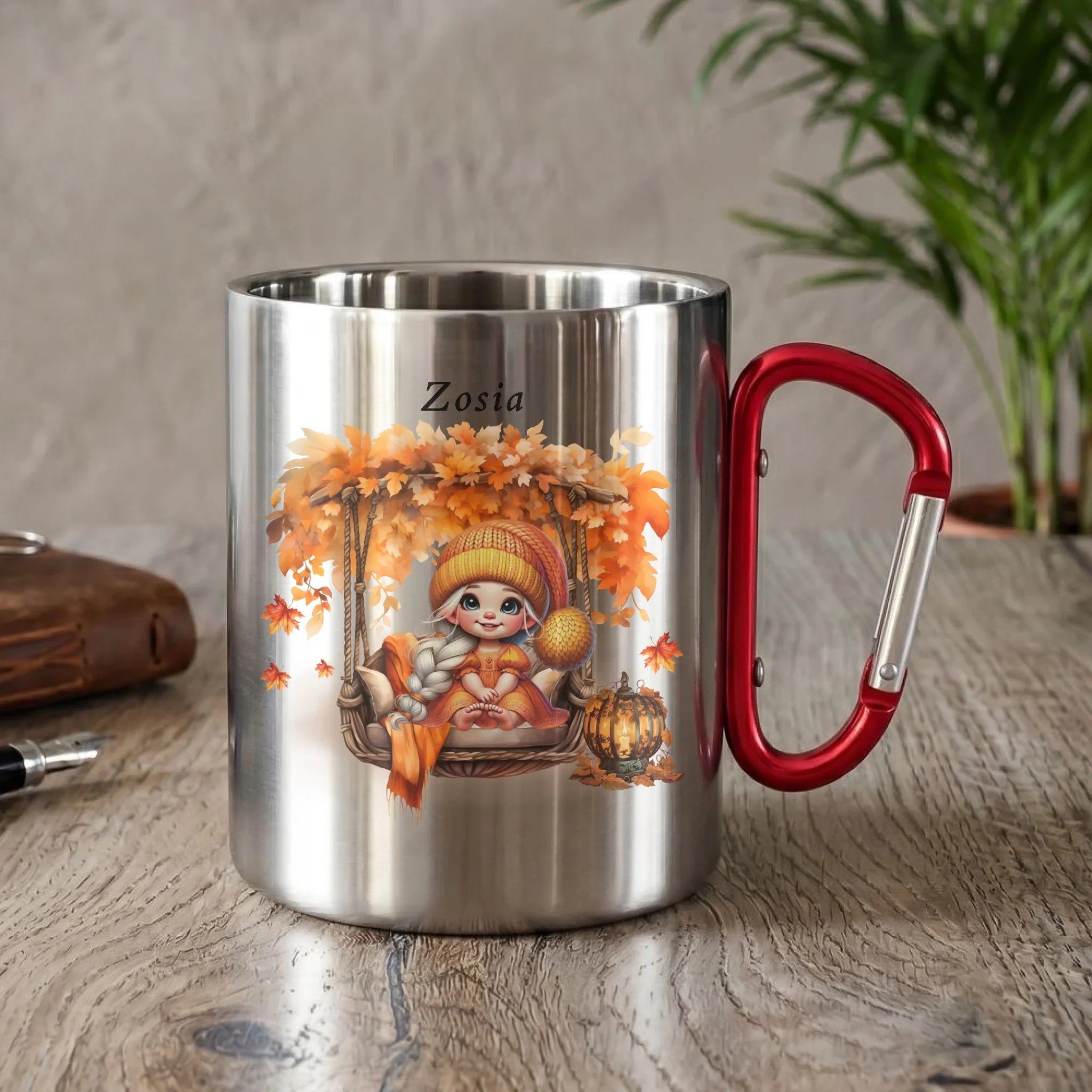 Kubek metalowy jesieniara - Dziewczynka z liśćmi - personalizowany JS17 - StoryCups.pl