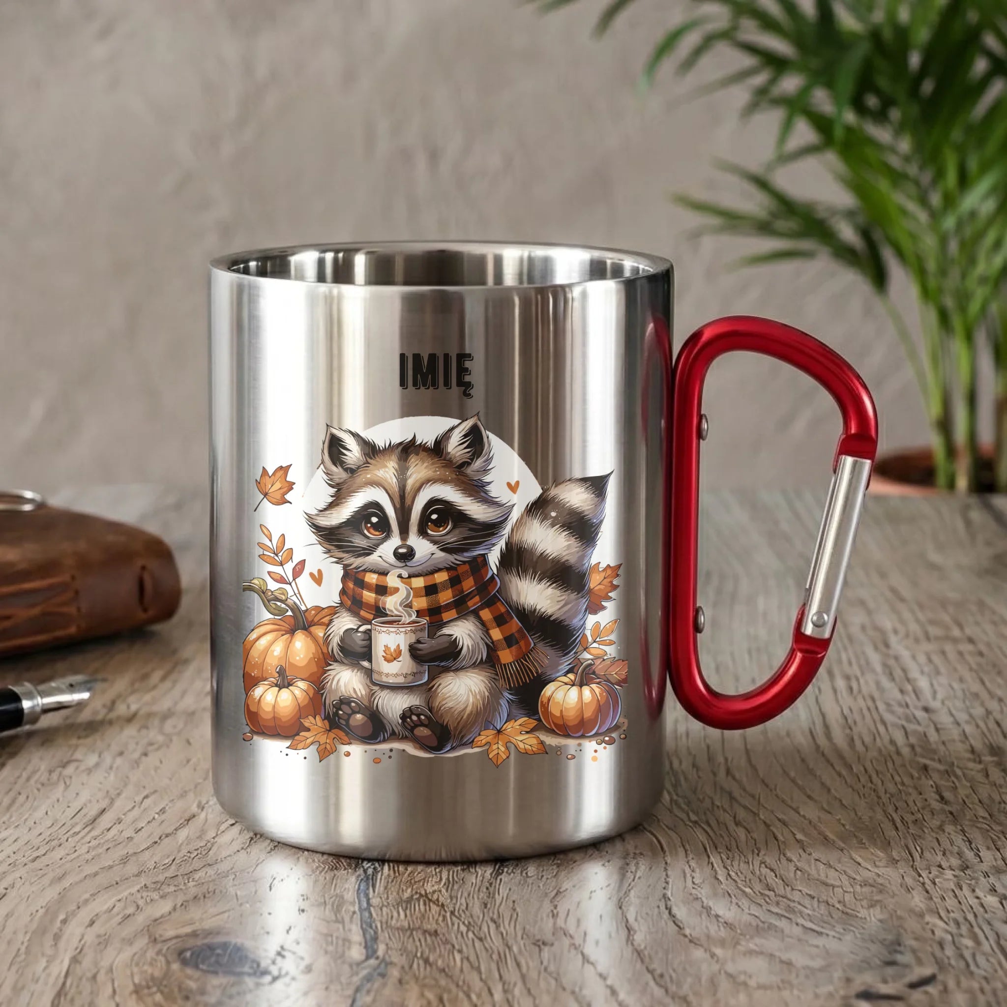 Kubek metalowy jesienny – Szop z kawą i dyniami - personalizowany JS16 - StoryCups.pl