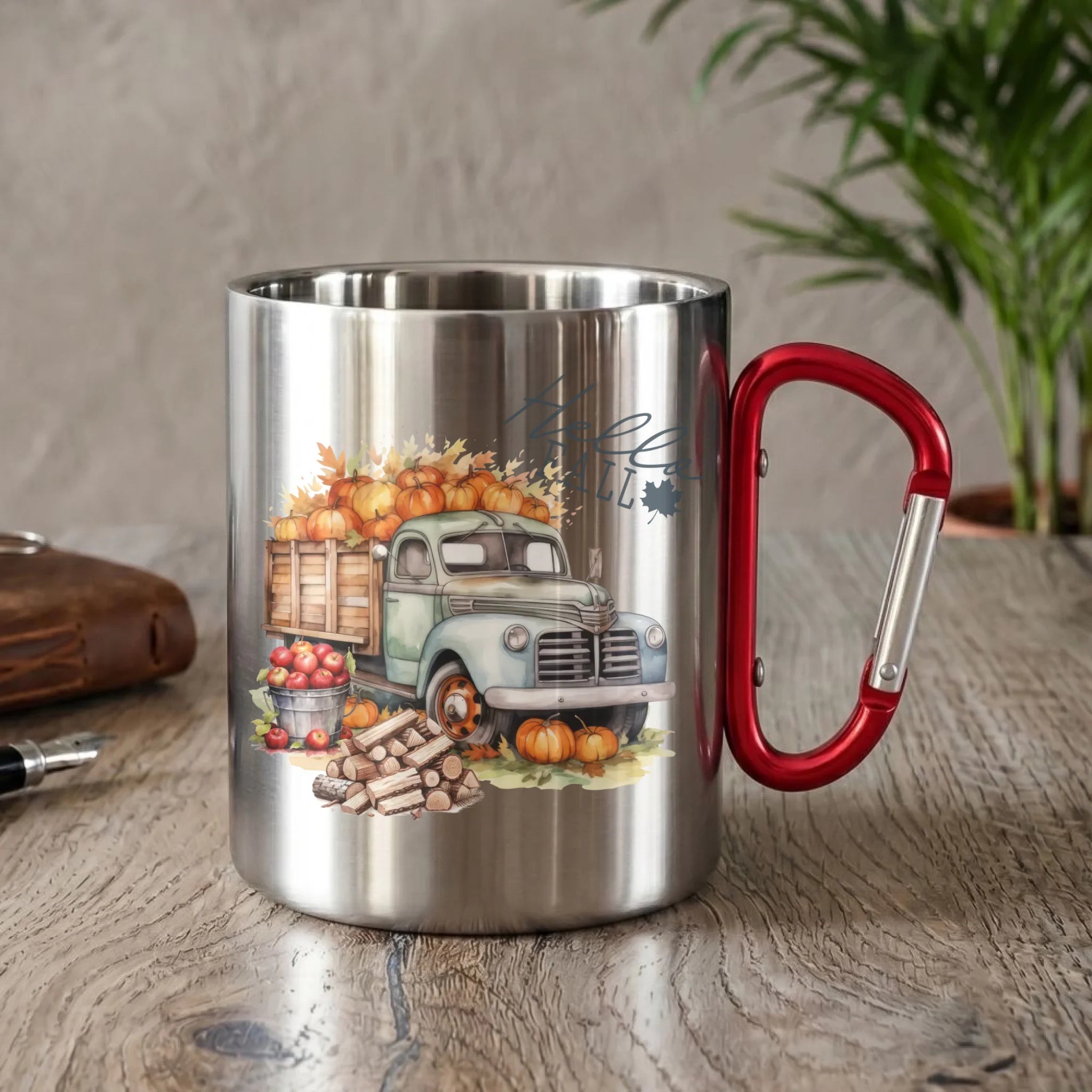 Kubek metalowy jesienny – Hello Fall ciężarówka z dyniami JS08 - StoryCups.pl