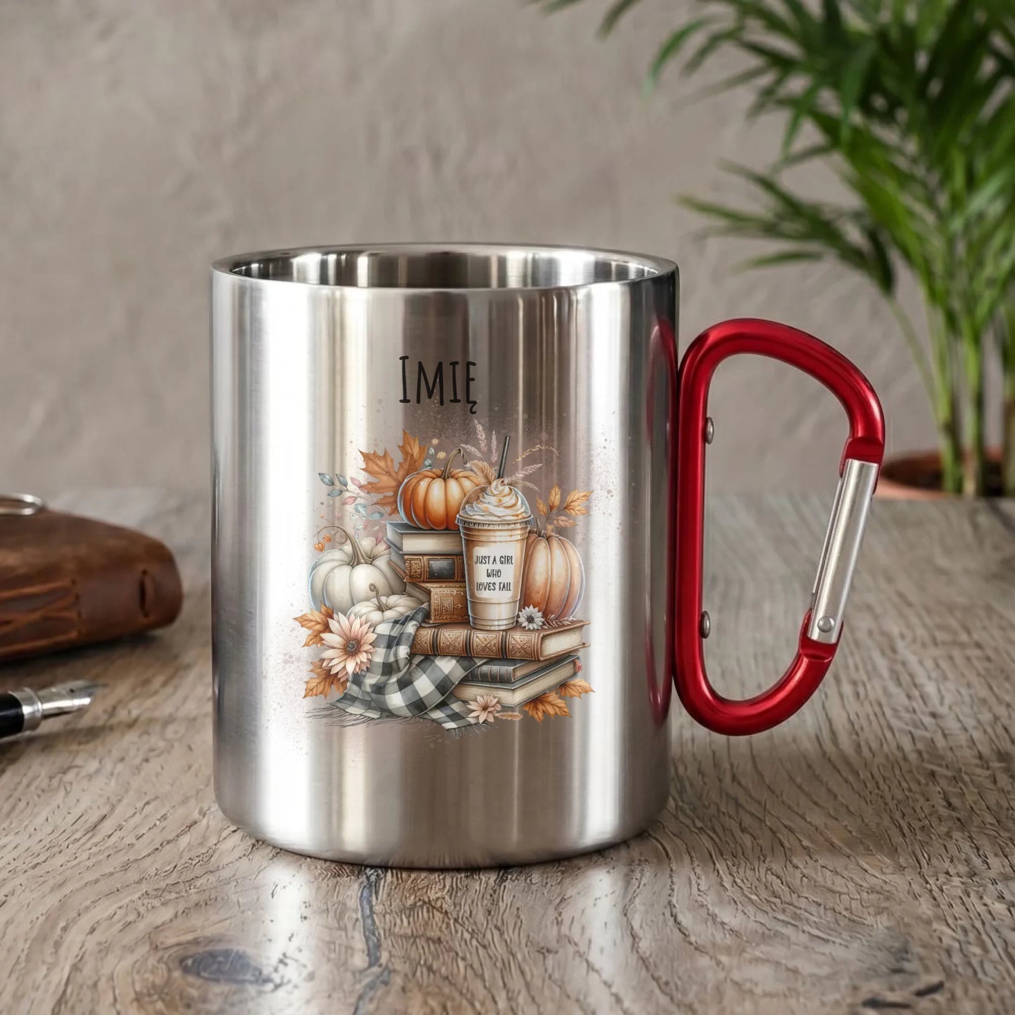 Kubek metalowy jesienny - Książkara - personalizowany JS14 - StoryCups.pl
