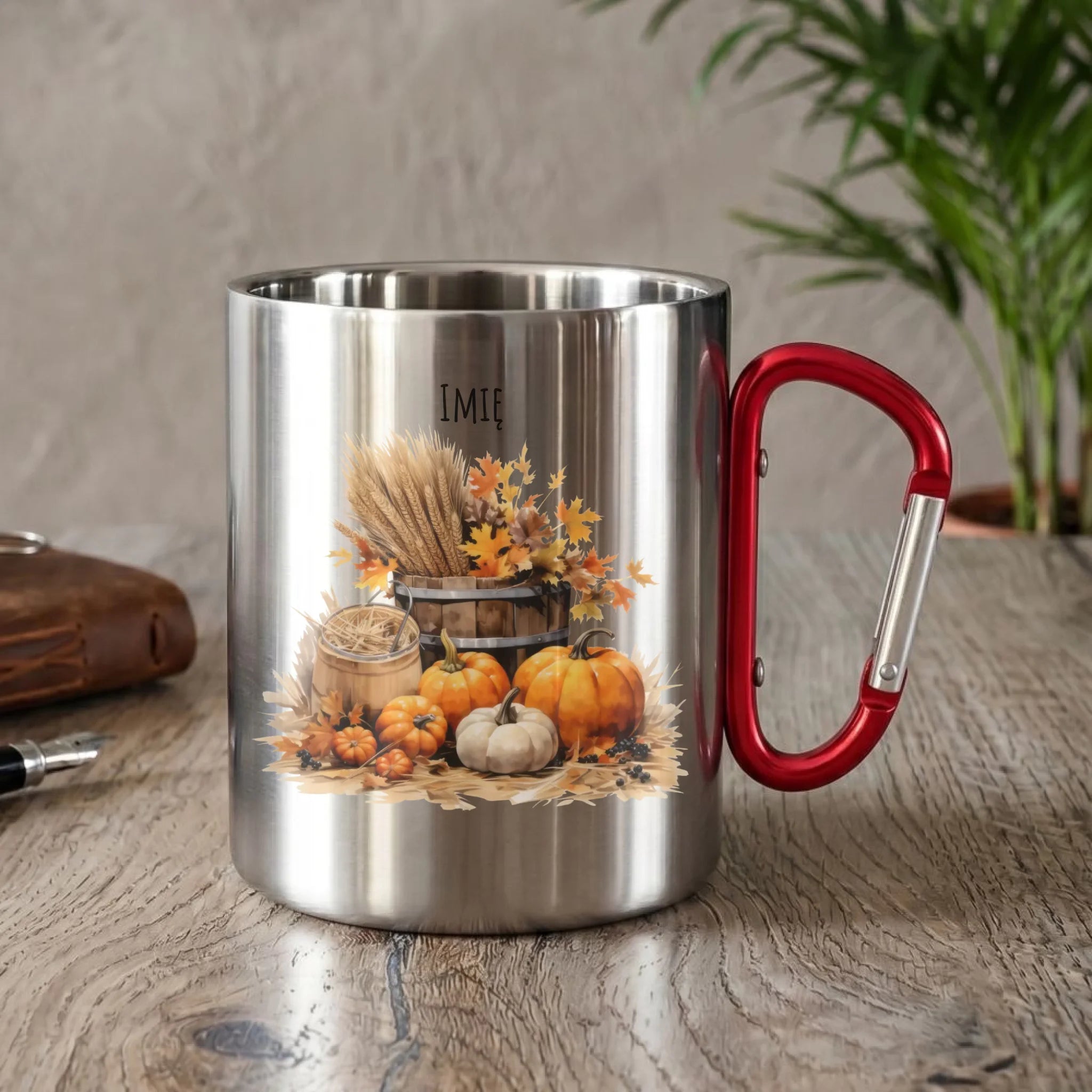 Kubek metalowy na jesień - Harvest vibes - personalizowany JS09 - StoryCups.pl