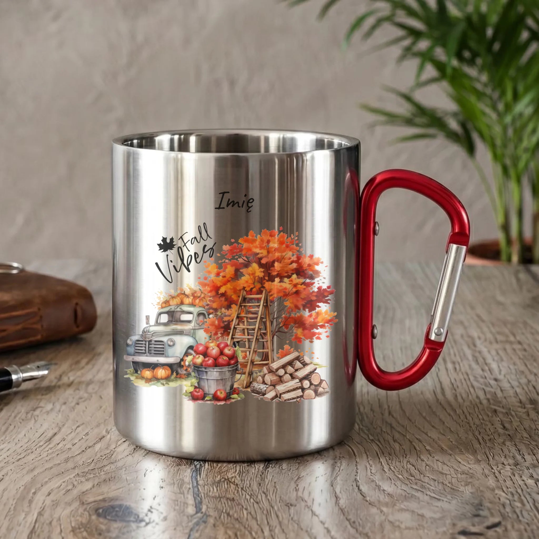 Kubek metalowy jesienny – Vintage auto dynie i jabłka – personalizowany JS07 - StoryCups.pl
