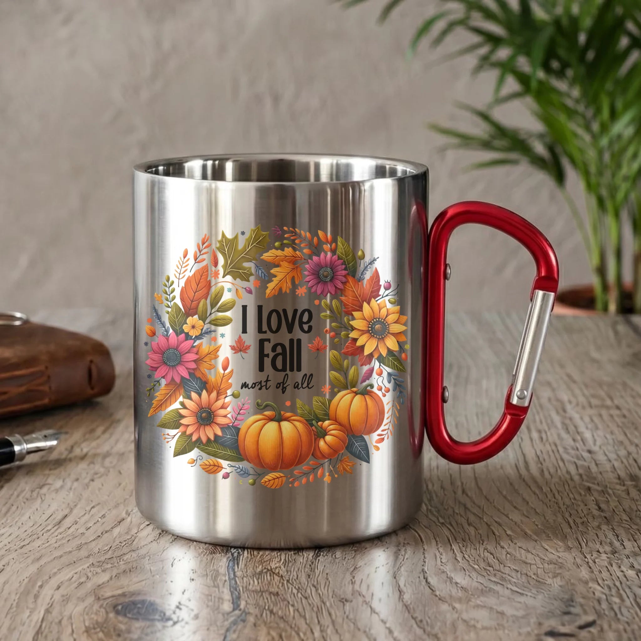 Kubek metalowy jesienny - Kocham jesień - dynia z liśćmi JS03 - StoryCups.pl