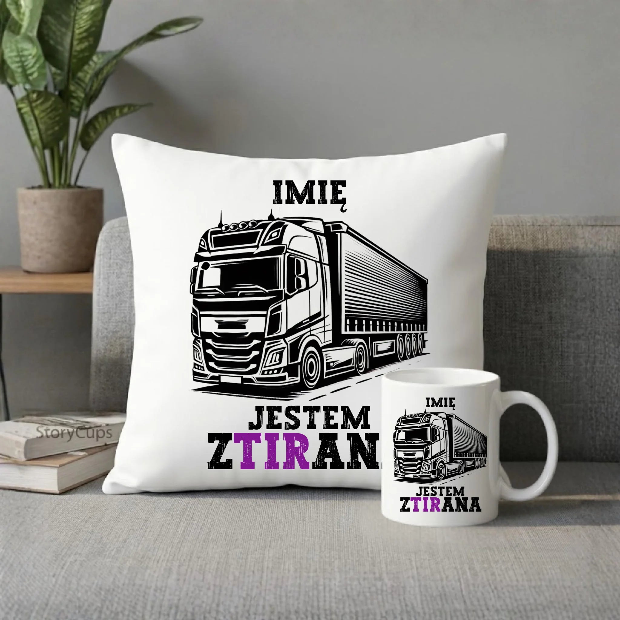 Zestaw poduszka i kubek dla kierowcy ciężarówki - Jestem zTIRana - personalizowany ZKT02 - StoryCups.pl