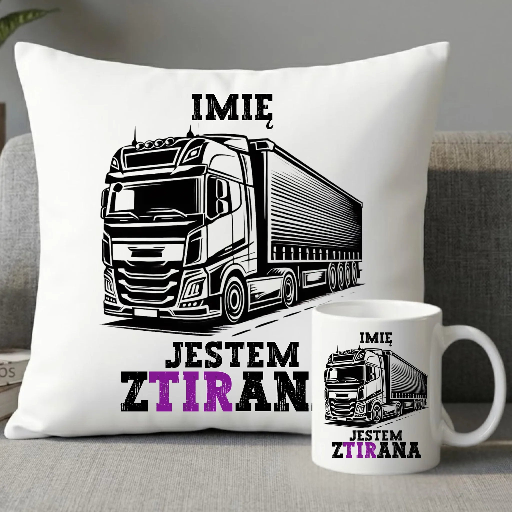 Zestaw poduszka i kubek dla kierowcy ciężarówki - Jestem zTIRana - personalizowany ZKT02 - StoryCups.pl