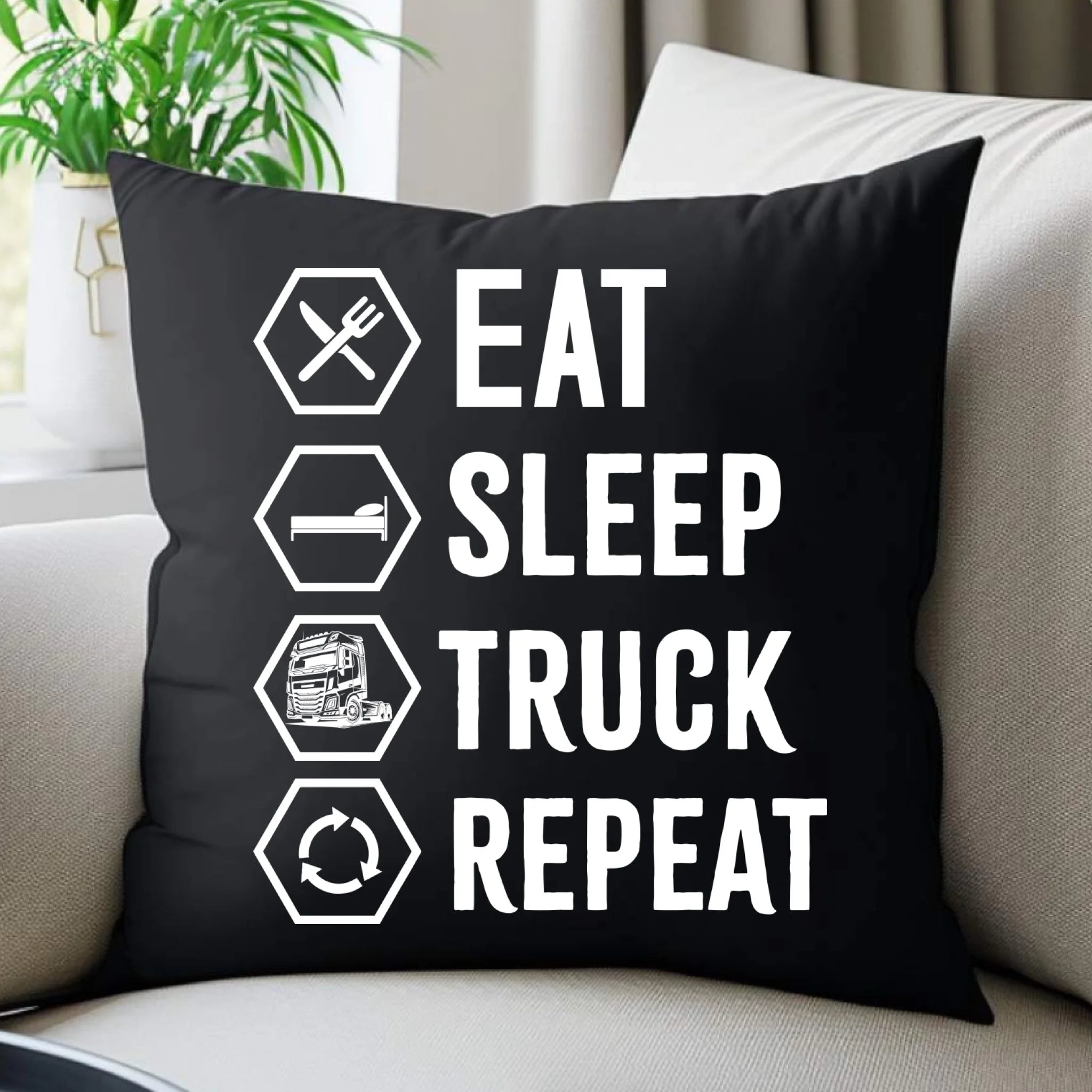 Poduszka dekoracyjna dla kierowcy ciężarówki - Eat Sleep Truck Repeat ZKT05 - StoryCups.pl