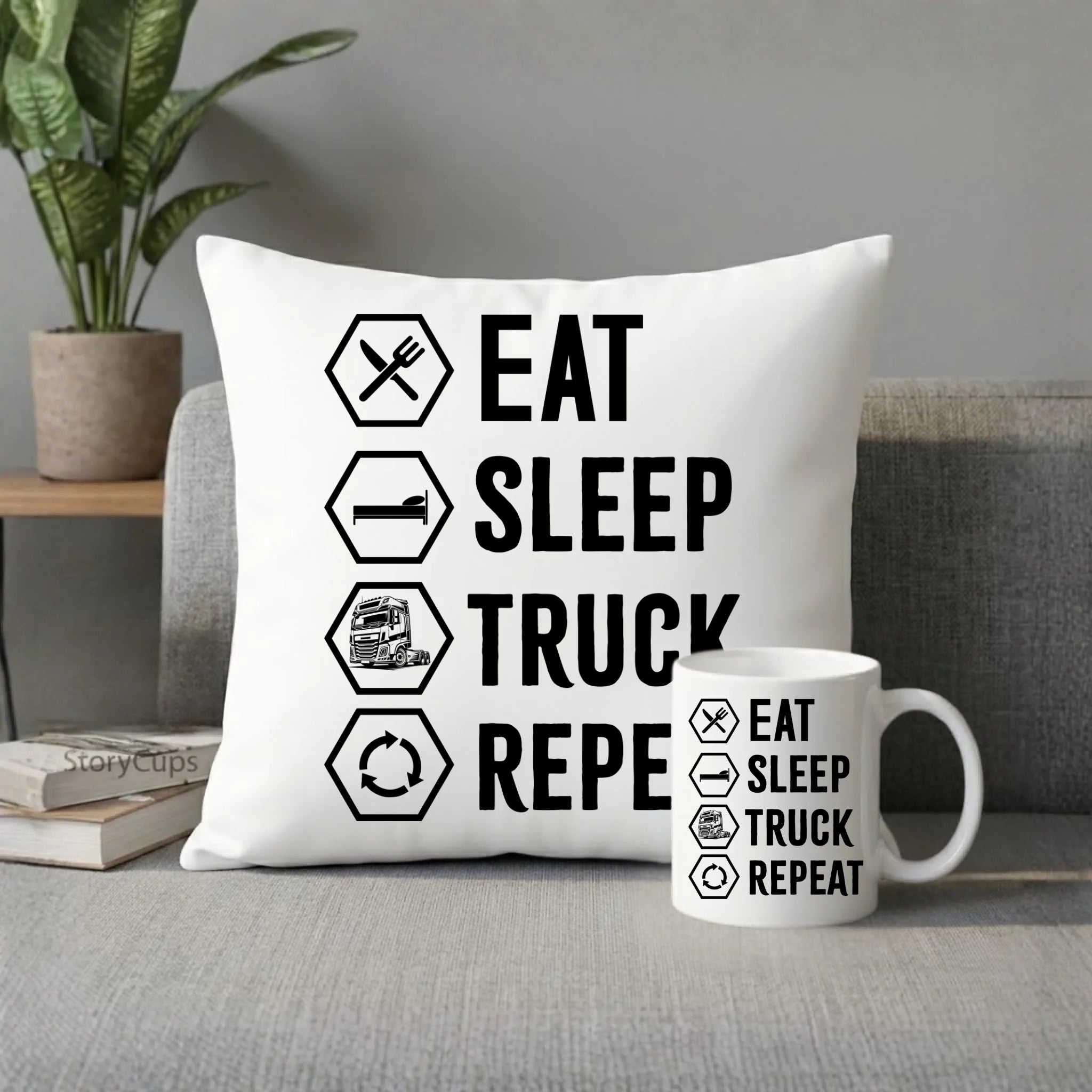 Zestaw poduszka i kubek dla kierowcy ciężarówki - Eat Sleep Truck Repeat ZKT05 - StoryCups.pl