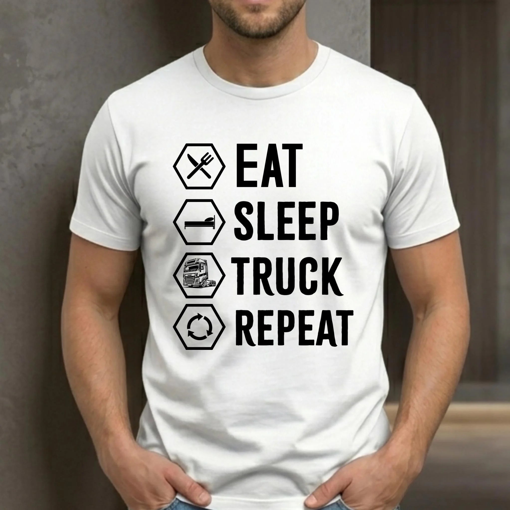 Koszulka męska dla kierowcy ciężarówki - Eat Sleep Truck Repeat ZKT05 - StoryCups.pl