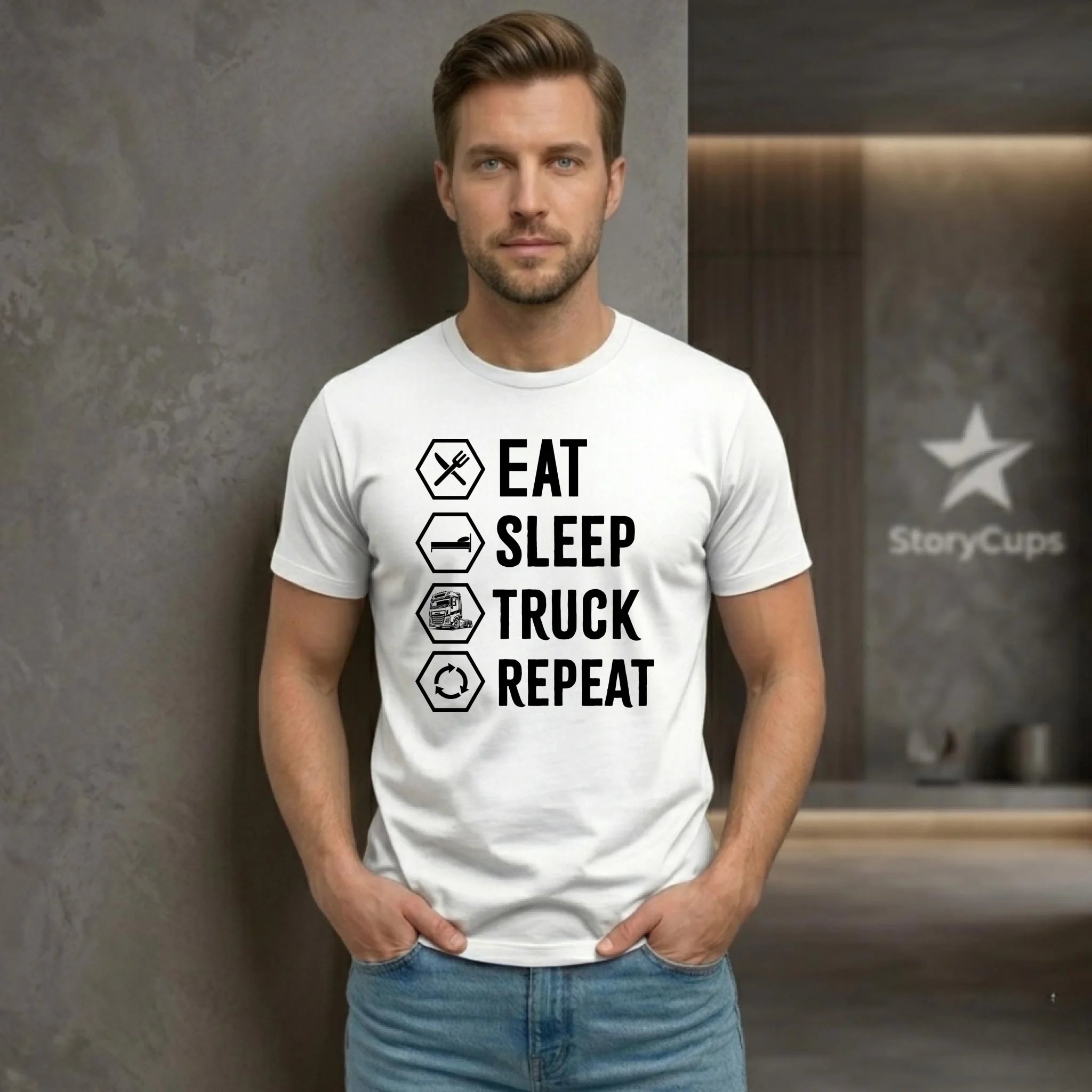 Koszulka męska dla kierowcy ciężarówki - Eat Sleep Truck Repeat ZKT05 - StoryCups.pl