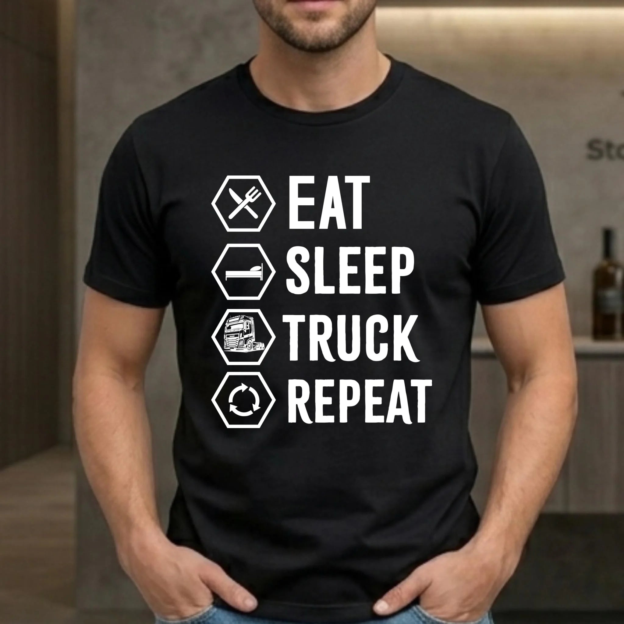 Koszulka męska dla kierowcy ciężarówki - Eat Sleep Truck Repeat ZKT05 - StoryCups.pl