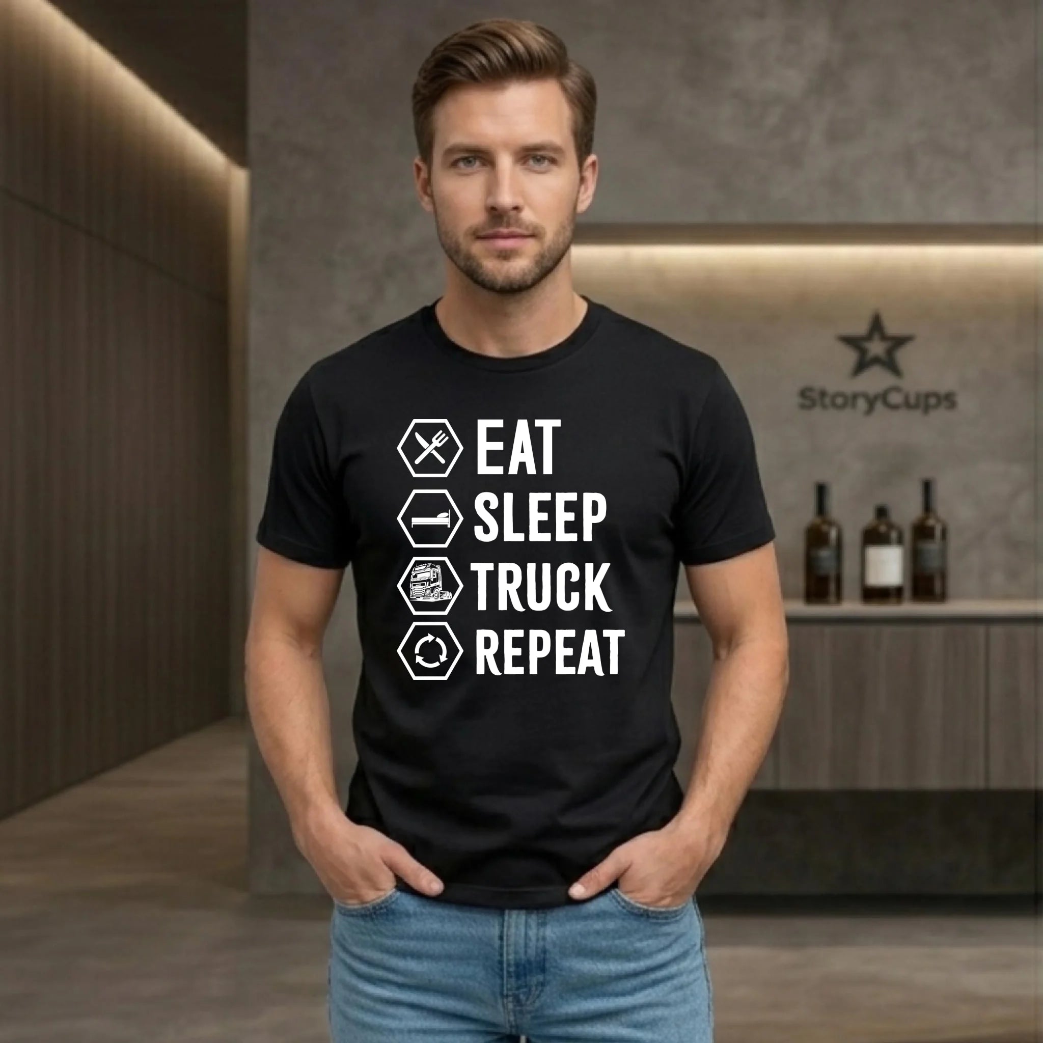 Koszulka męska dla kierowcy ciężarówki - Eat Sleep Truck Repeat ZKT05 - StoryCups.pl