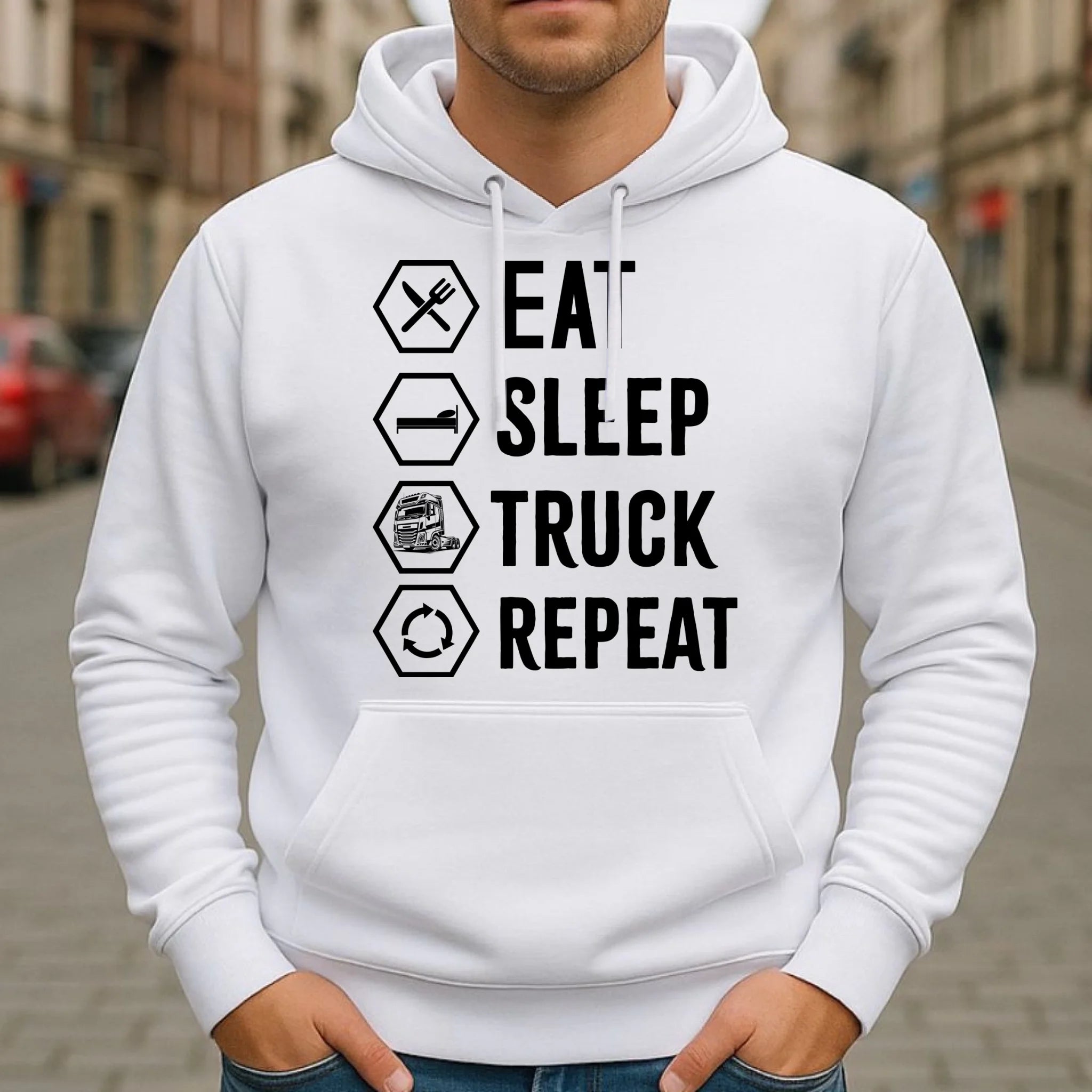 Bluza męska z kapturem dla kierowcy ciężarówki - Eat Sleep Truck Repeat ZKT05 - StoryCups.pl